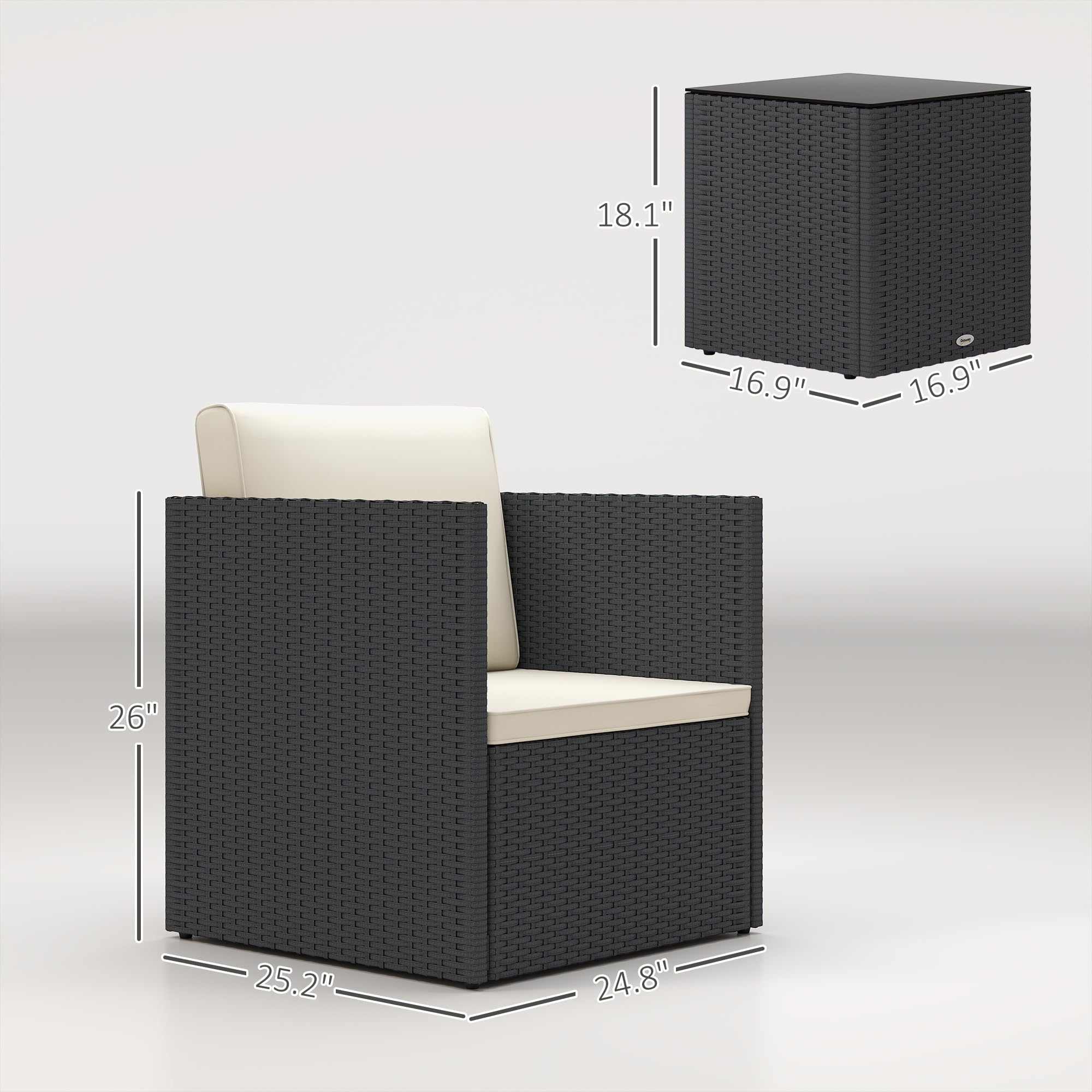 Juego de muebles de patio de 3 piezas, juego de bistró plegable de mimbre para exteriores con cojines lavables, patas ajustables y mesa de centro de cristal, fácil montaje para jardín, balcón 7