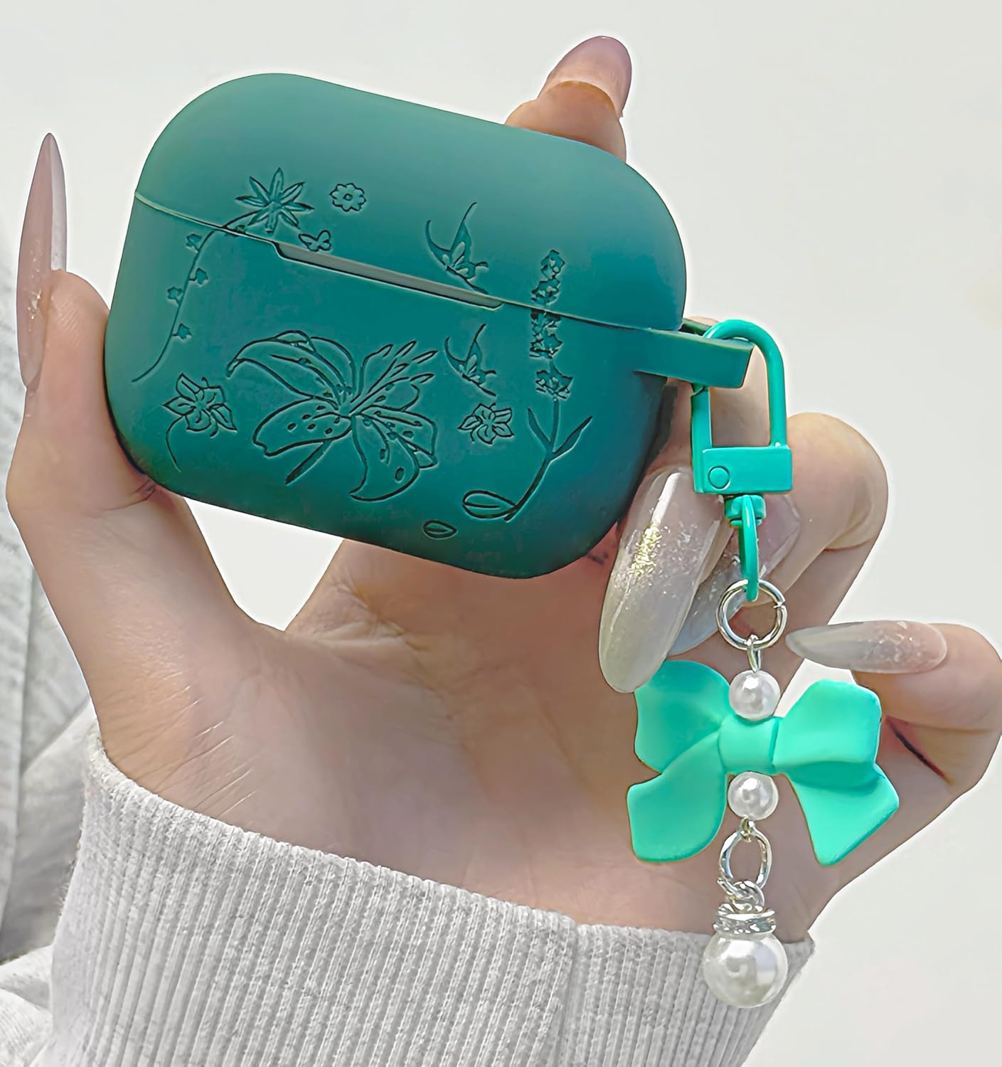 for AirPods Pro 2 Case Cover with Bow Keychain, DamonLight Cute Flower Floral Engraved Silicone Protective Case Cover Compatible with Apple Airpods Pro 2 Case for Women and Girls, Green