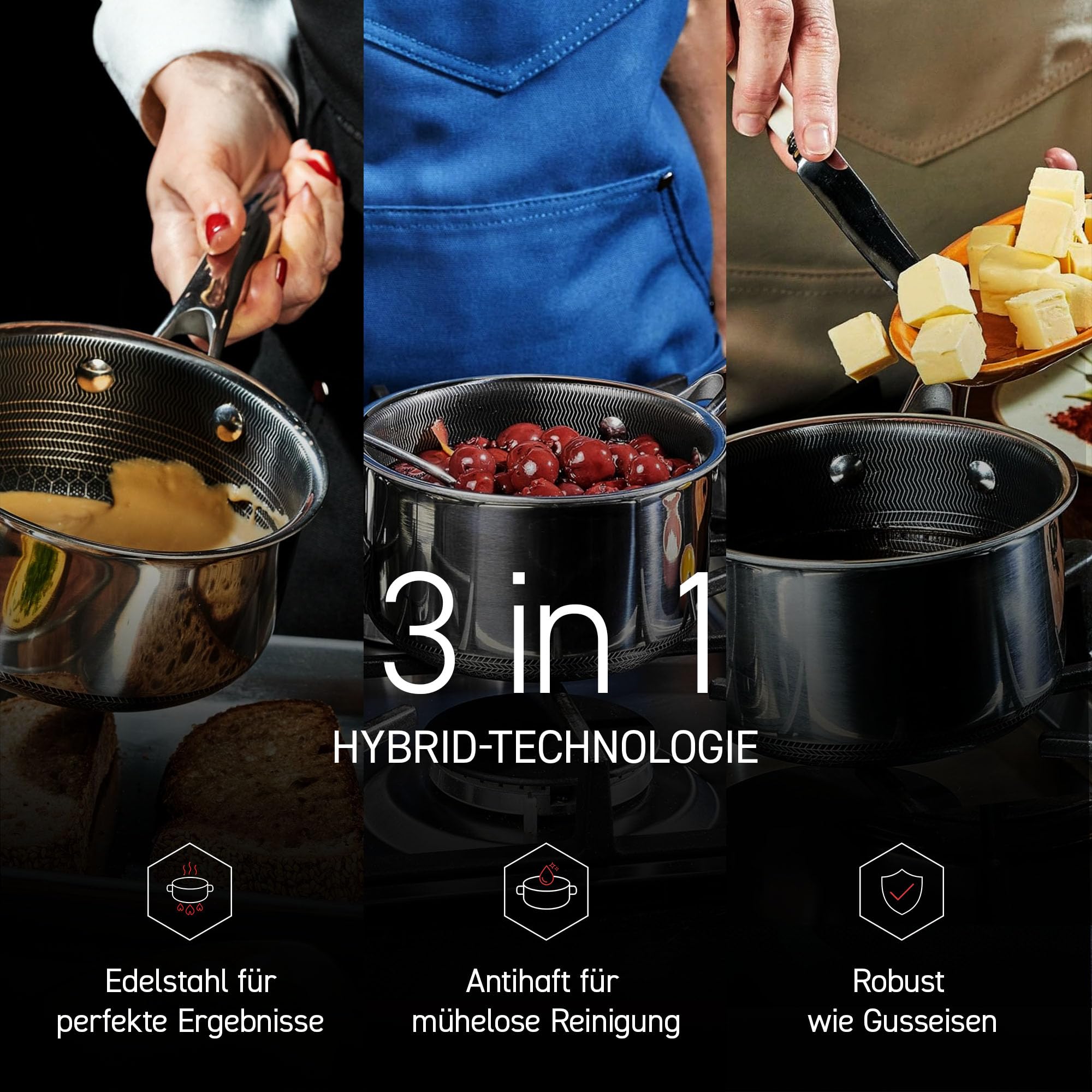 HexClad Hybrid-Topf mit Deckel 1 l – Kochtopf mit Deckel aus gehärtetem Glas – Suppentopf für alle Herdarten – Antihaftbeschichteter Topf mit Wabenstruktur – Stieltopf ofen- & spülmaschinenfest
