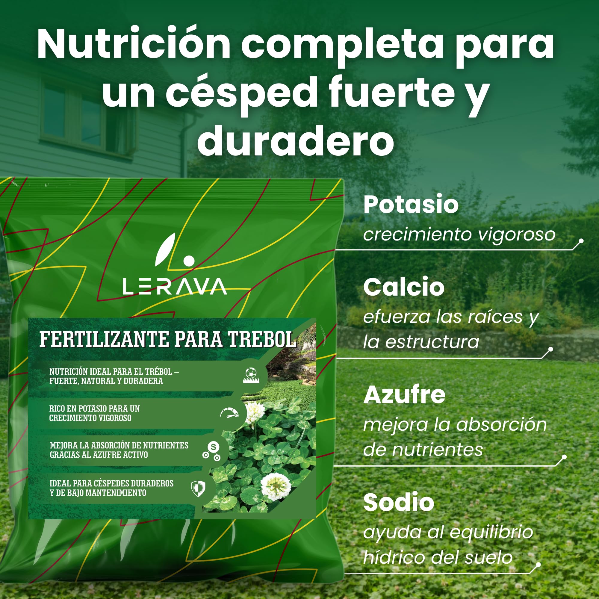 LERAVA® Fertilizante para Trébol (4,6 kg) - Abono para Jardín Verde, Fuerte y Denso - Repoblador para Césped y Trébol - Ideal para un Jardín Sano y un Césped Uniforme