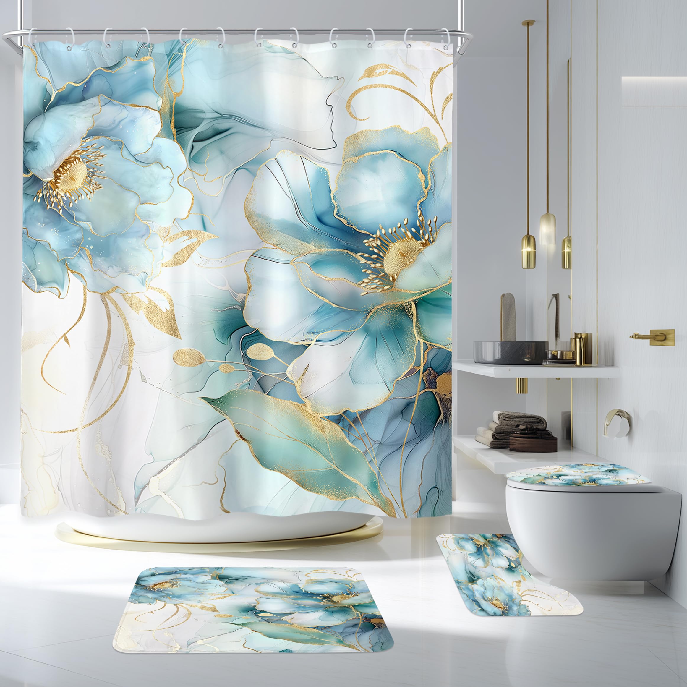 Newsely 4Pcs Marble Teal Blue Shower Curtain Set with Non-Slip Rugs, Toilet Lid Cover and Bath Mat, Abstract Ombre Floral Flower Shower Curtain with
