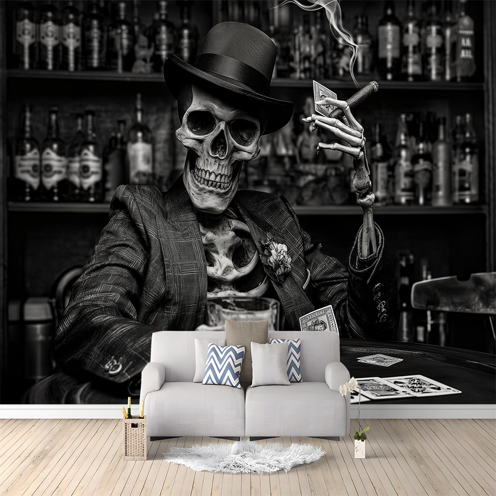 Wandbild Tapete Mr Skull Spielkarten schwarz 350x256 cm Fototapete Vlies Wandtapete Wohnzimmer Kinderzimmer Moderne Wandbilder Wand Dekoration