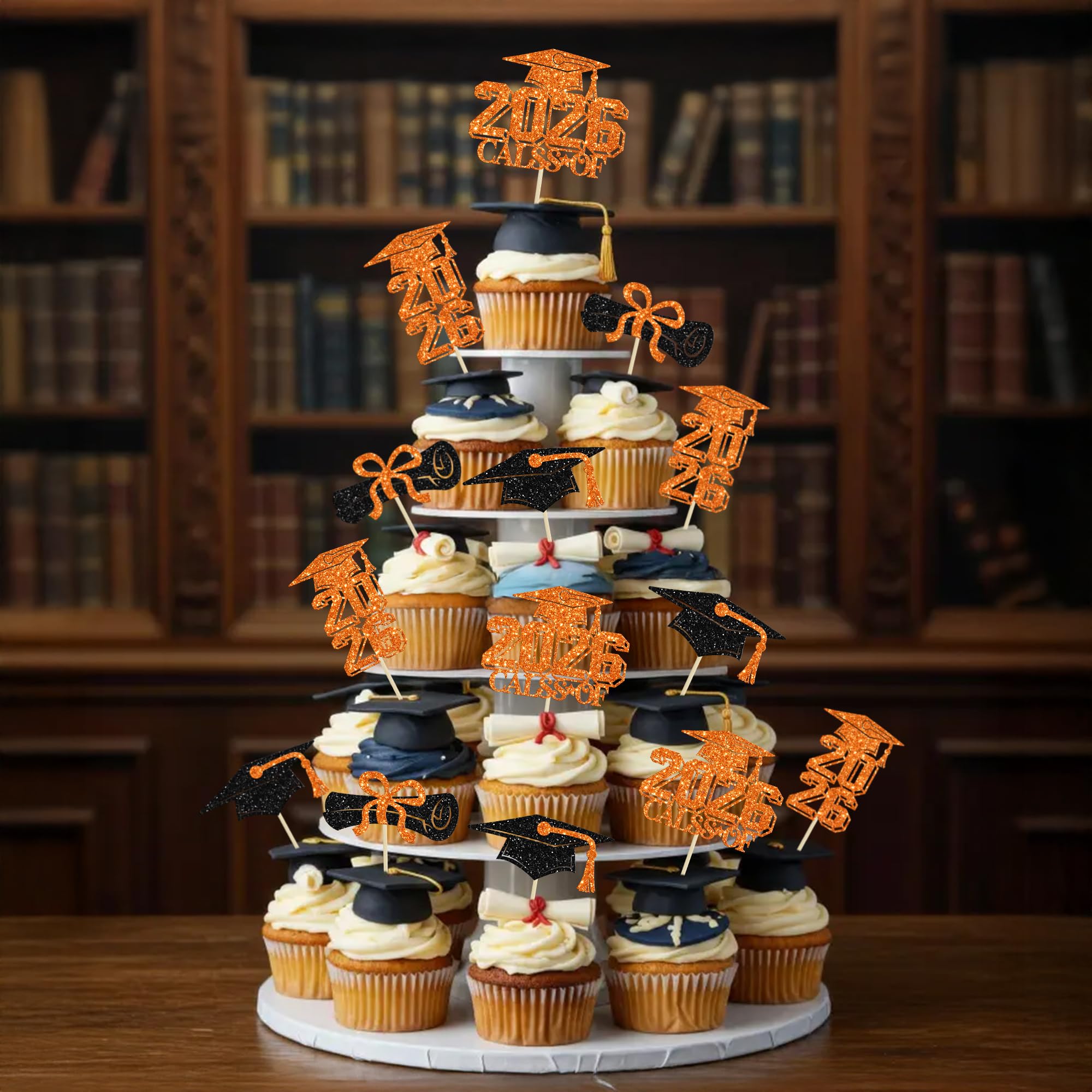 Gyufise 36Pcs 2026 Graduation Theme Cupcake Toppers Glitter Class of 2026 Diploma Grad Cap Cupcake Picks 2026 Graduation Theme Party Cake Decorations Supplies Orange - Image 4