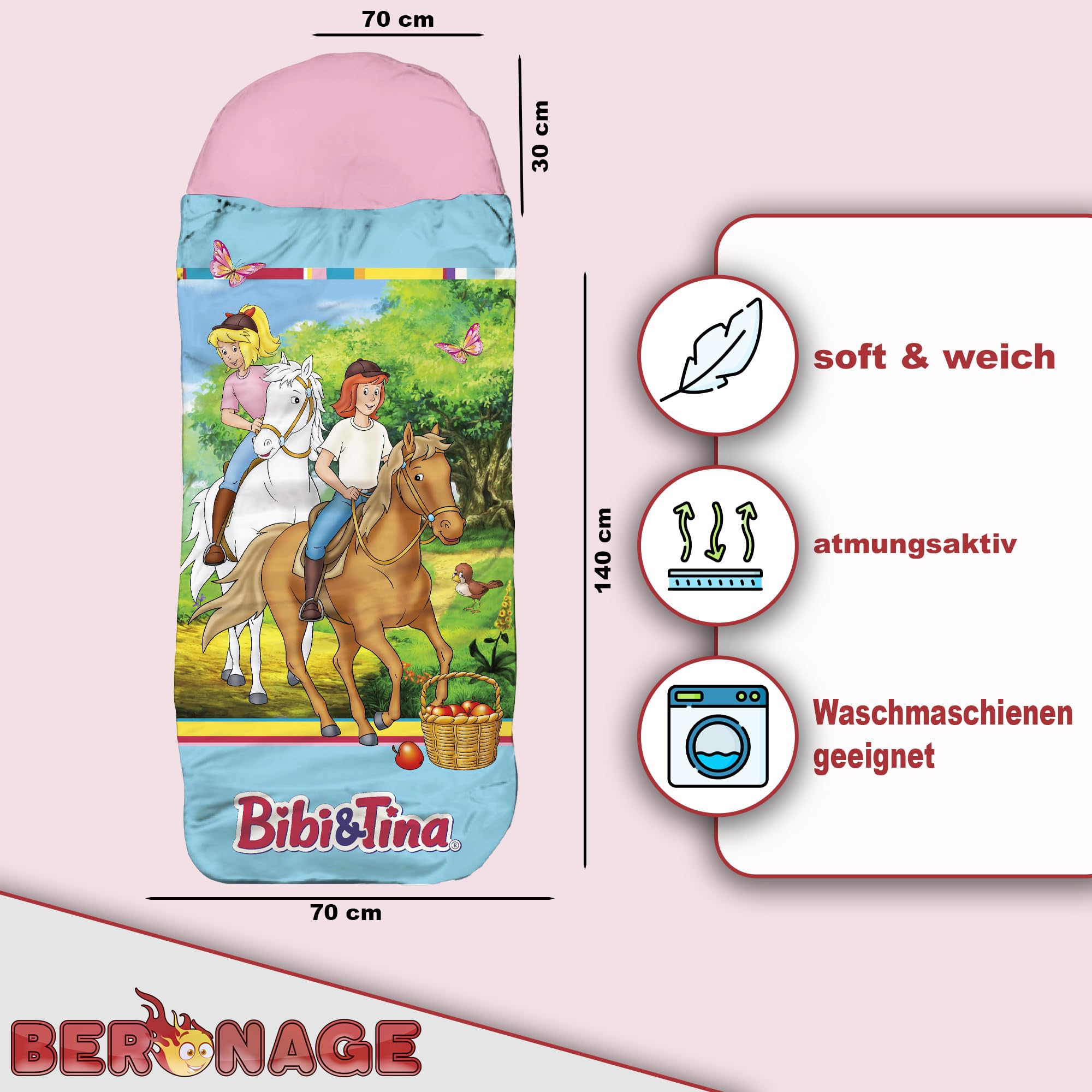 Bibi und Tina Kinder-Schlafsack – Freunde Blau/Rosa 140 cm + 30 cm (Kapuze) x 70 cm, ideal für Outdoor/Indoor, Mumienschlafsack für Mädchen mit den Pferden Sabrina & Amadeus mit Reißverschluss