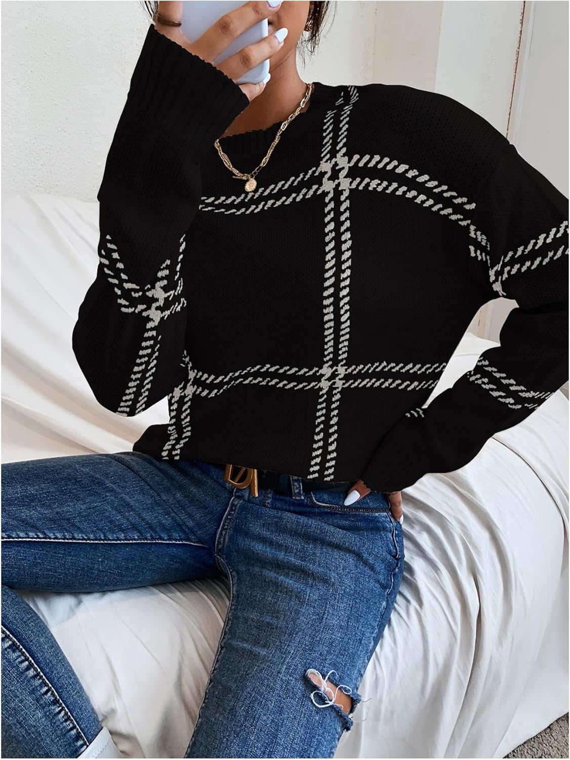 Women's Plaid Long Sleeve Sweaters Crew Neck Knit Pullover Tops Fall Jumper - Image 5