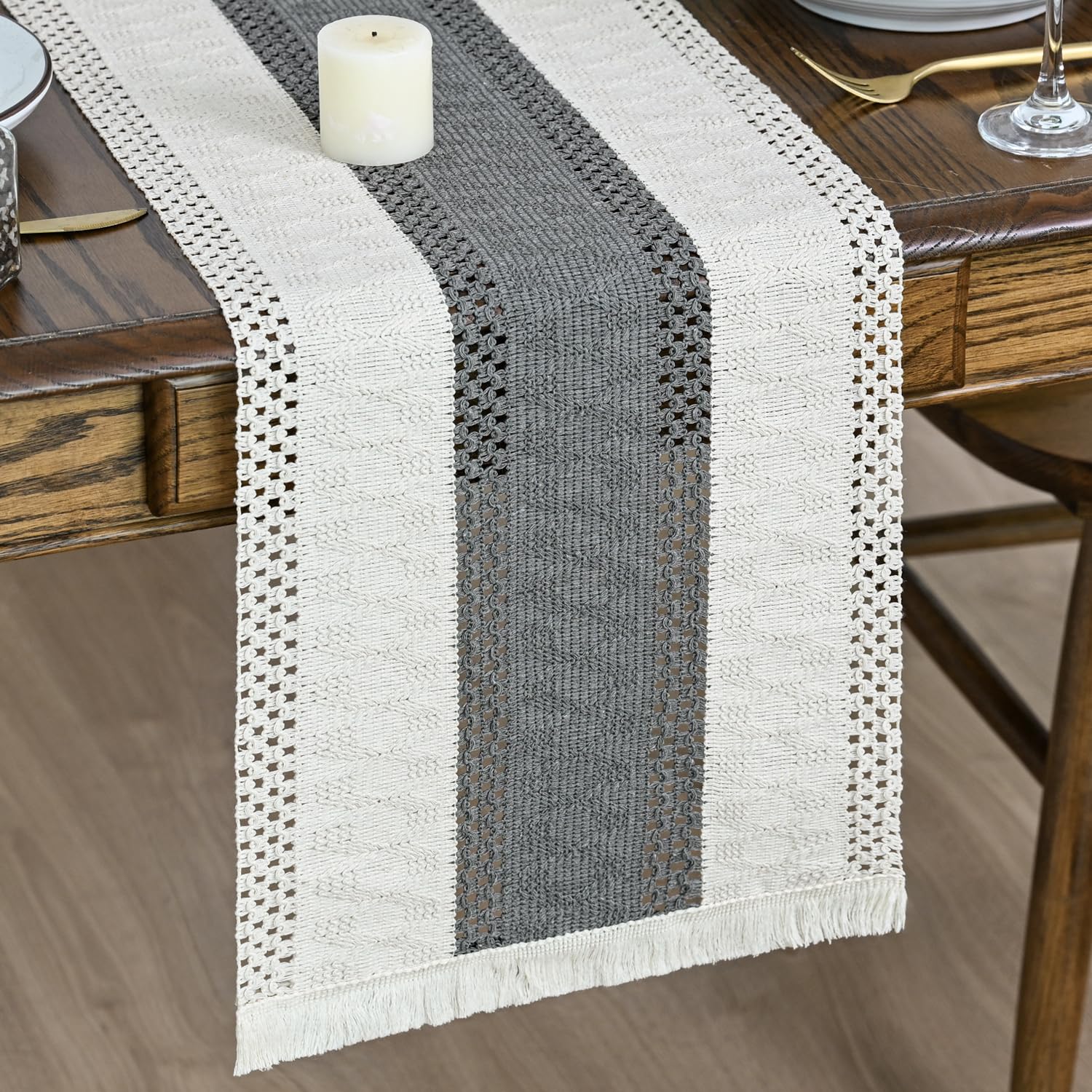 Artoid Mode Dark Grey Farmhouse Rustic Tassel Table Runner 30x143 cm, Seasonal Holiday Hollow Kitchen Dining Table Decoration for Home Party Decor