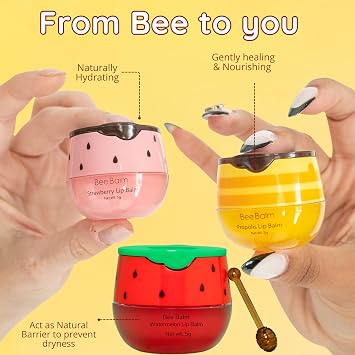 Original My Bee Balm Lip Balm Hydrating Lip Care with Watermelon, Strawberry & Honey Pot Moisturizing Balm for Dry, Chapped & Cracked Lips with Propolis, Honey & Vitamin E