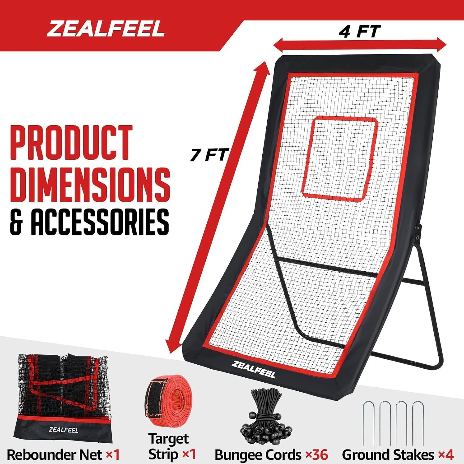 ZEALFEEL Lacrosse Rebounder, 4x7FT/4x6FT Volleyball Rebounder for Backyard with 5 Rebound Angles, Target Strip, Lacrosse Rebound Net Perfect for Lax Baseball Volleyball & Soccer Practice