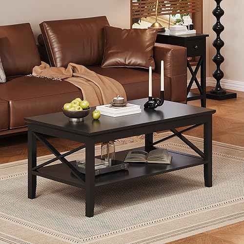 Miniatura 23 de ChooChoo Mesa de centro Oxford con patas más gruesas, mesa de centro de madera negra con almacenamiento para sala de estar Negro -,Negro y