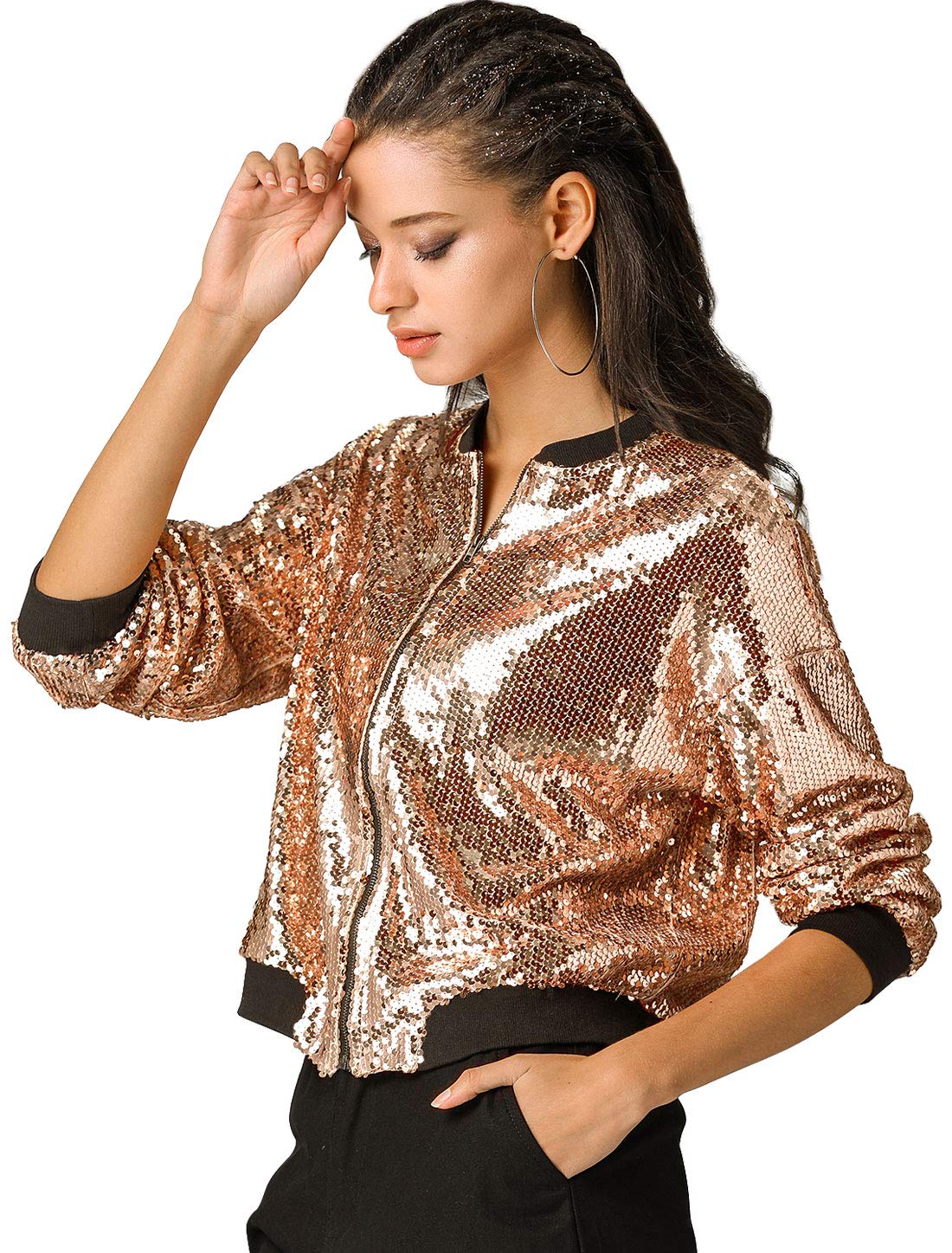 Allegra K Women's Sequin Jacket Bomber Long Sleeve Zipper Shiny Glitter Tops Sparkly Party Slitter Outfit