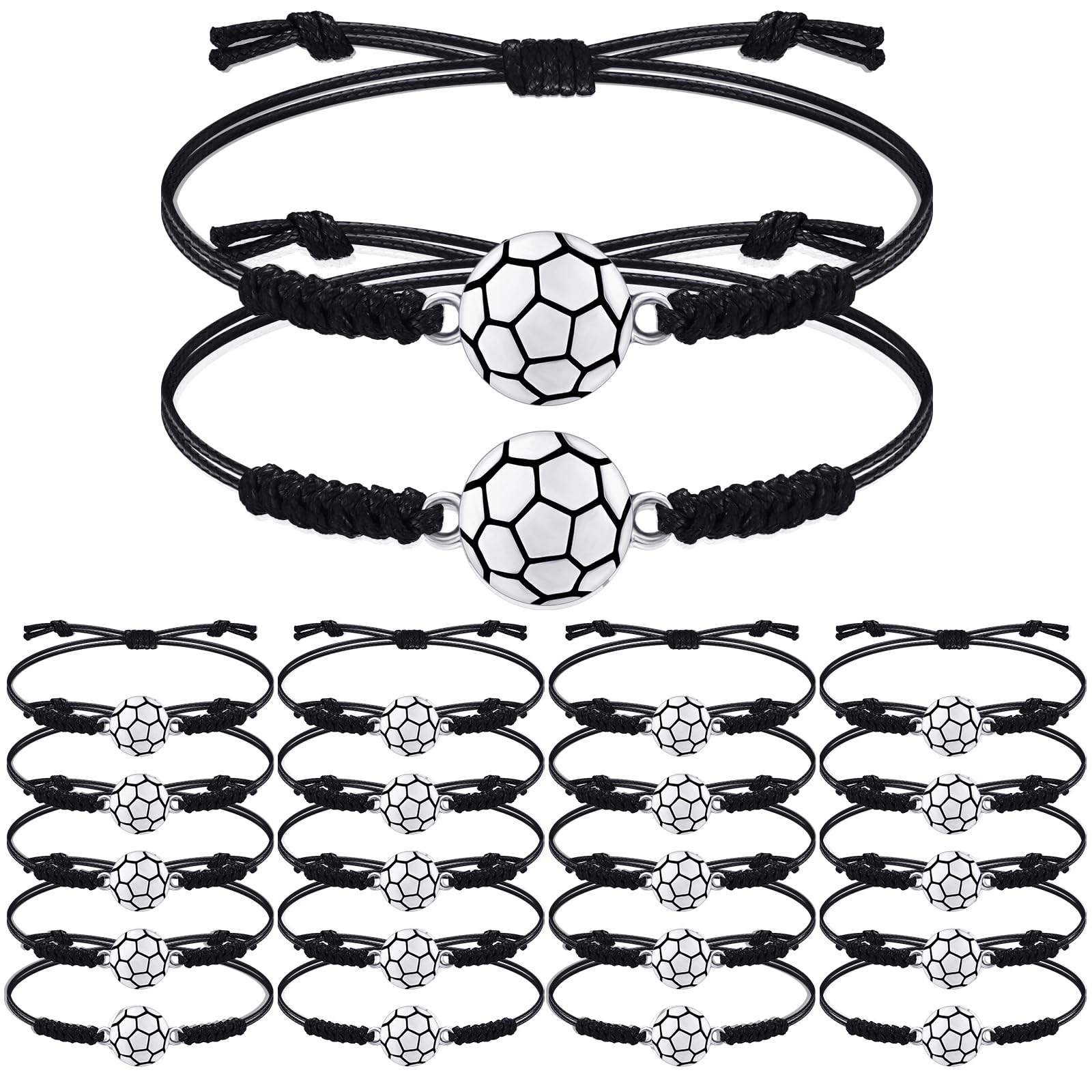 Jadive 20 Pieces Soccer Charm Bracelets Bulk Soccer Team Gifts Sport Coach Gifts Adjustable Braided Rope Pendant for Women Men Coach Players Souvenir(Black)