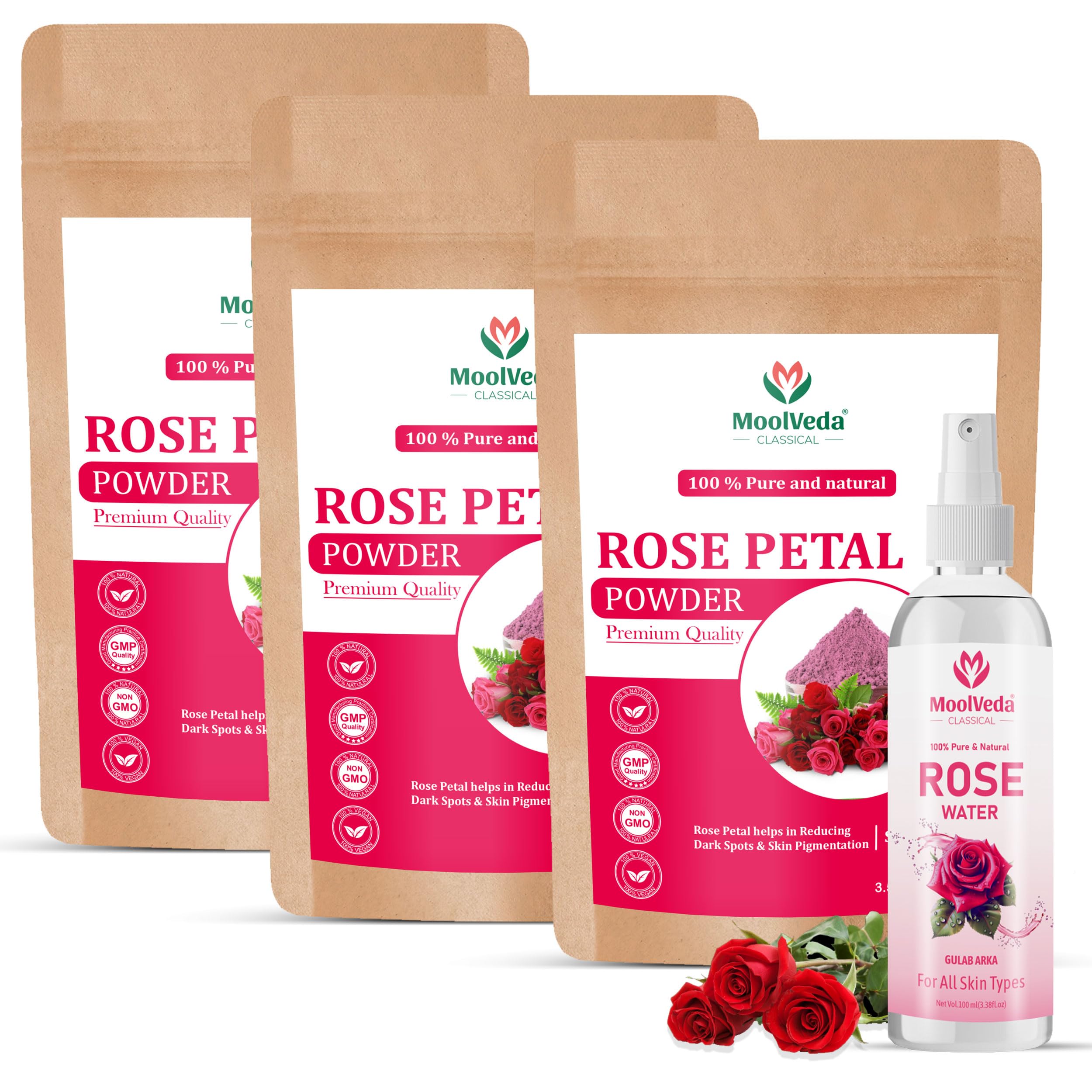 Pure & Natural Rose Petal Powder For Skin, Face Pack Mask for Fairness, Tanning & Glowing Skin, (Pack of 3, 100gm, Rose Water Free)
