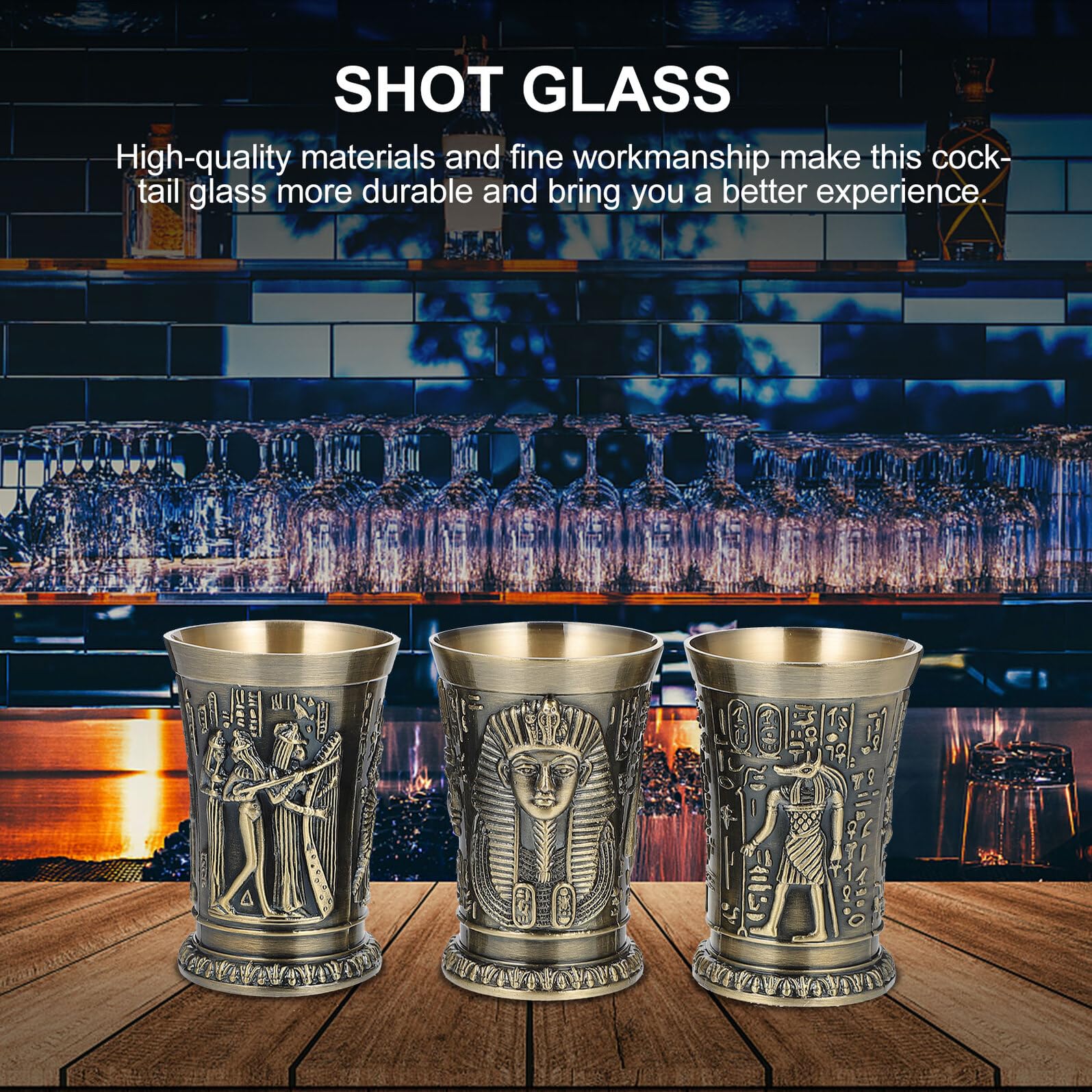 SHINEOFI 3 pièces Verres à Shot Vintage Égyptien Métal Coupe Rétro pour Whisky et Cocktail Design Totem Antique Pharaon Verre à Boire Résistant pour Fêtes et Dégustations