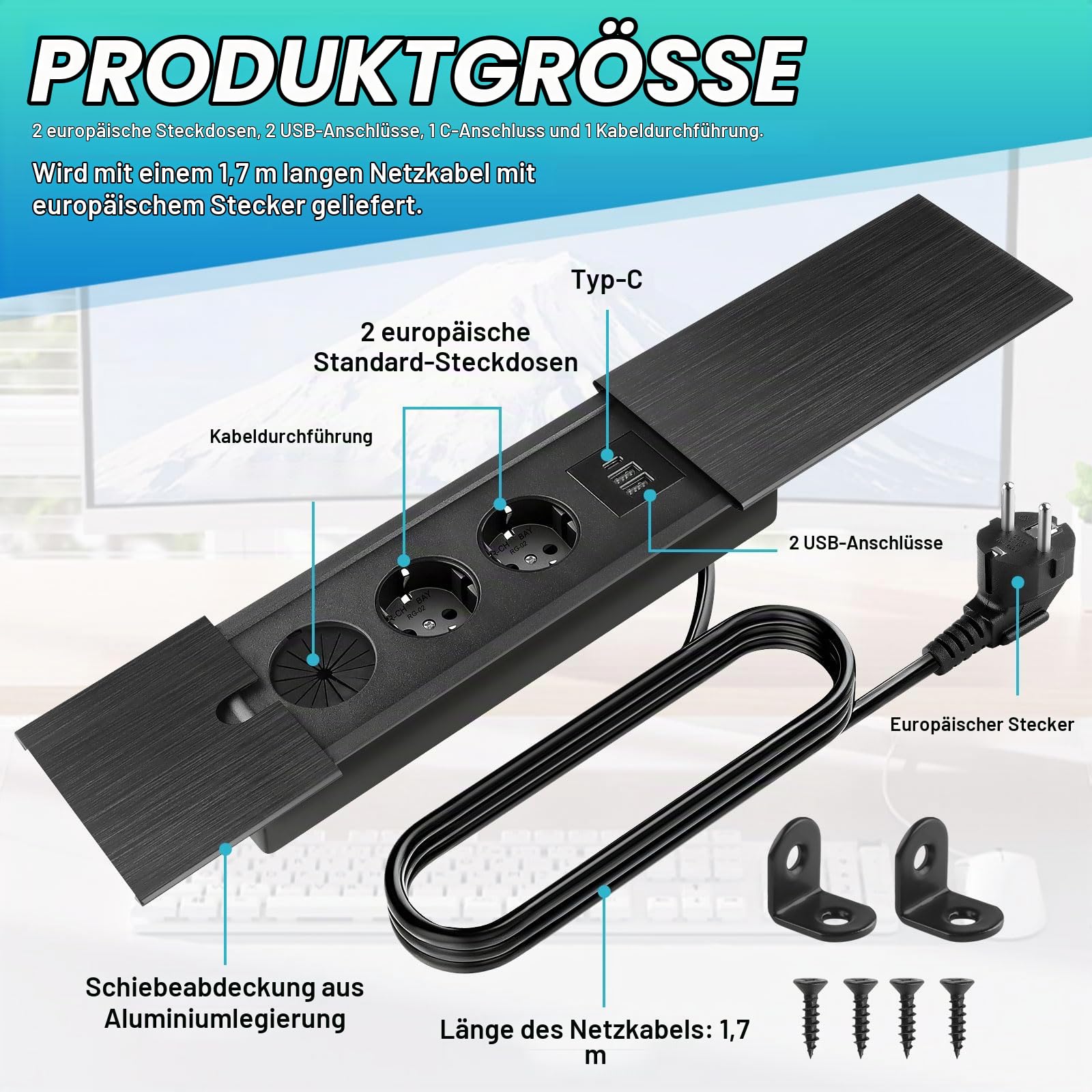 Einbau Steckdosenleiste Versenkbare Einbausteckdose 2 Fach mit USB C | Schiebedeckel, Tischsteckdose Tischplatte Versenkte Steckdose, für Schreibtisch Küche Büro Sofatisch Konferenztisch, Schwarz