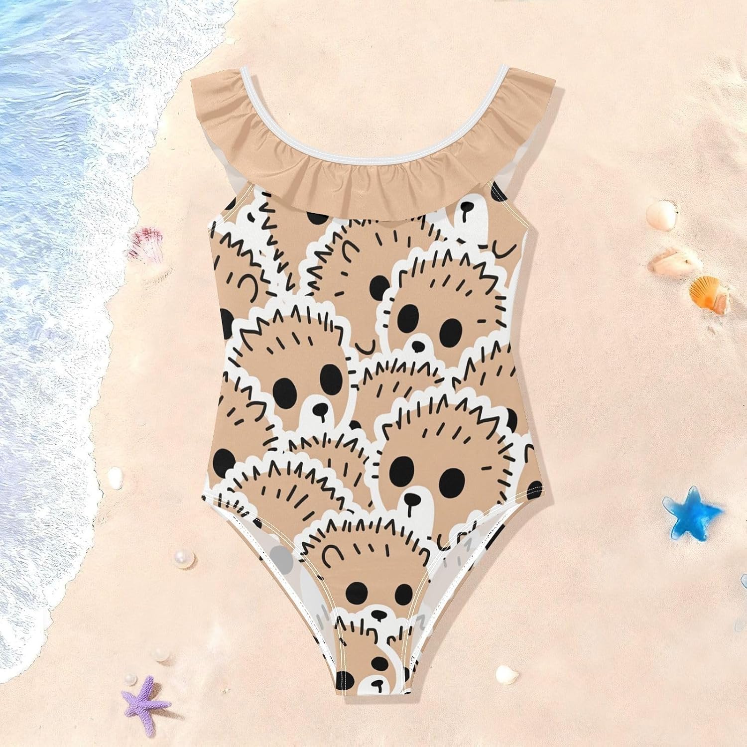 visesunny Girls One Piece Swimsuits Ruffle Swimwear Cute Cartoon Hedgehog Design Bathing Suits for Girls 3-6Y