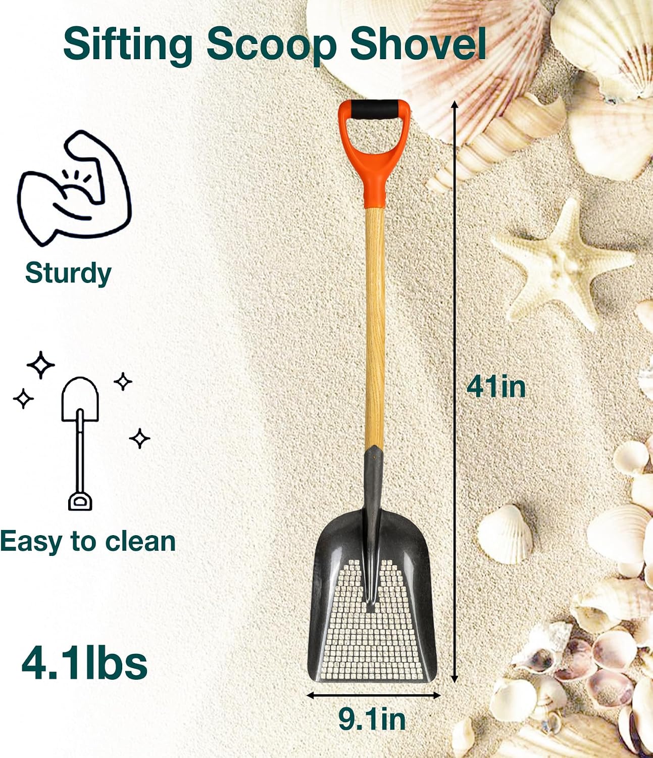 biosp Poultry Sifting Scoop Shovel, Heavy Duty Steel Sand Sifter, Meatl Shovel Digger Sifter with Hole, Chicken Poop Scooper for Beach, Farm, Garden, Goat Stall Sand Poop Cleaning