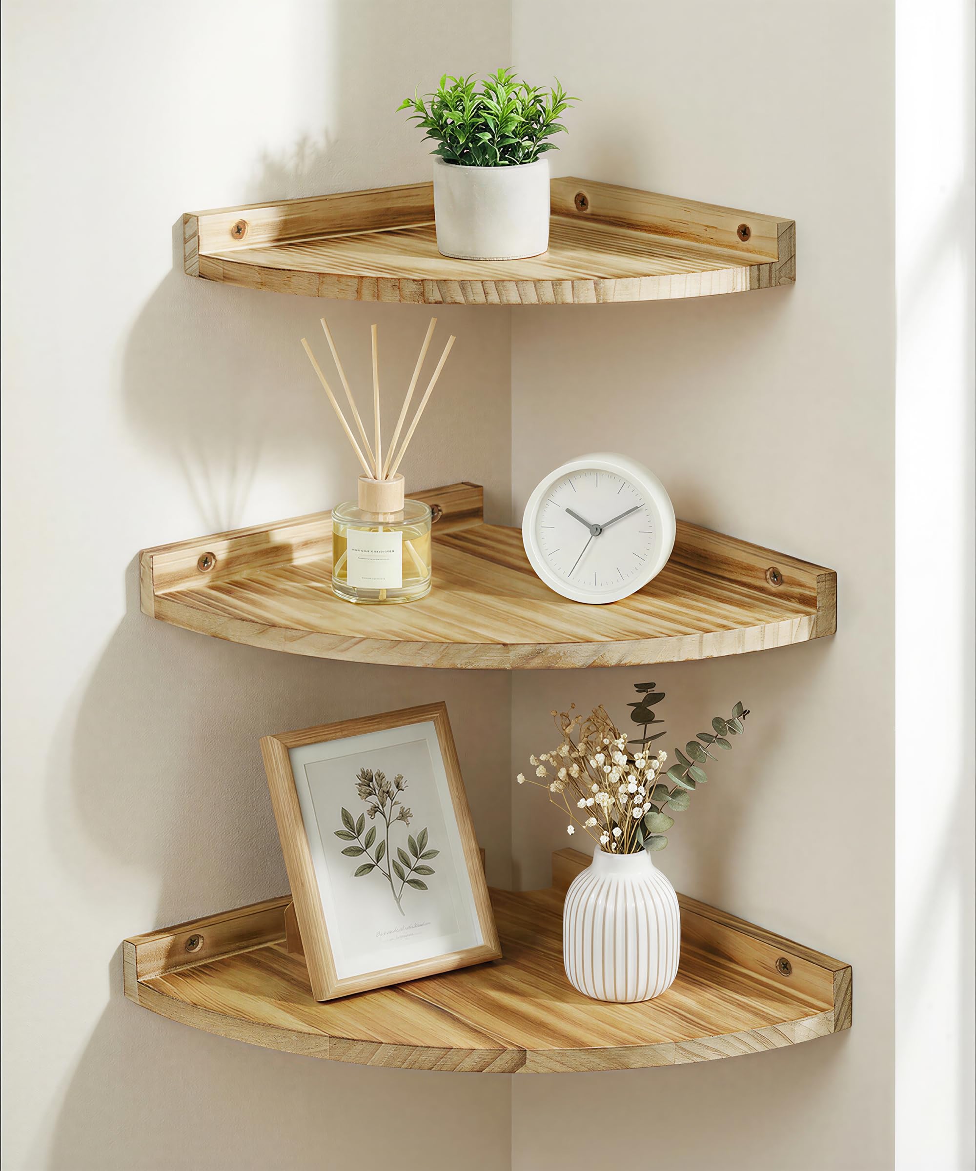 Scaffale angolare da parete in legno, set da 3 scaffali galleggianti, stile vintage, rustico, per la parete, libreria, con estremità rotonda, per bagno, cucina, camera da letto, soggiorno