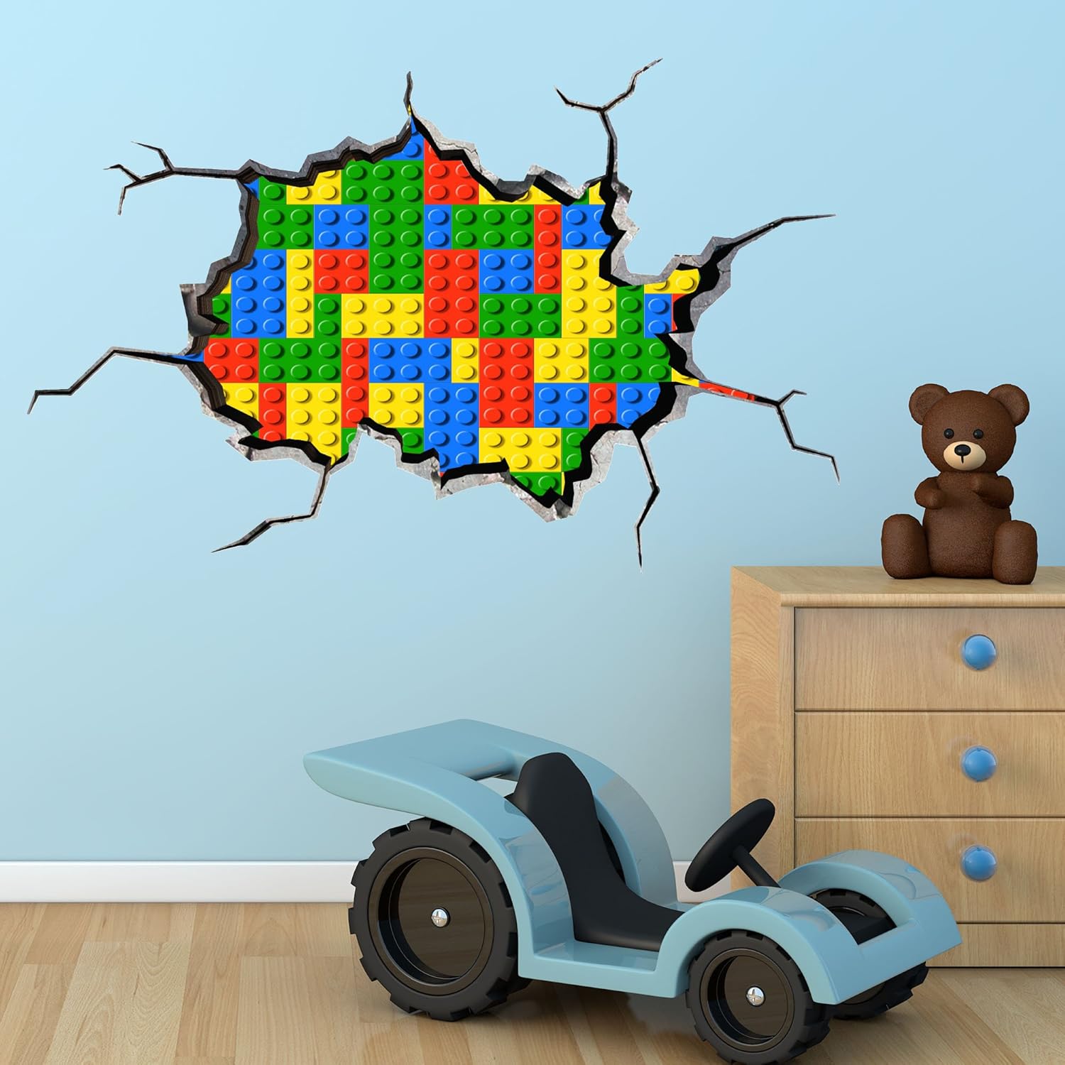 3D Lego Bricks Full Colour Wall Art Sticker Cracked Decal Mural