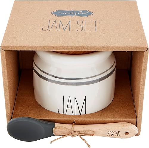Mud Pie Bistro Jam Set, tarro 4 1/2" x 3 1/2" diámetro | cuchara 5", blanco