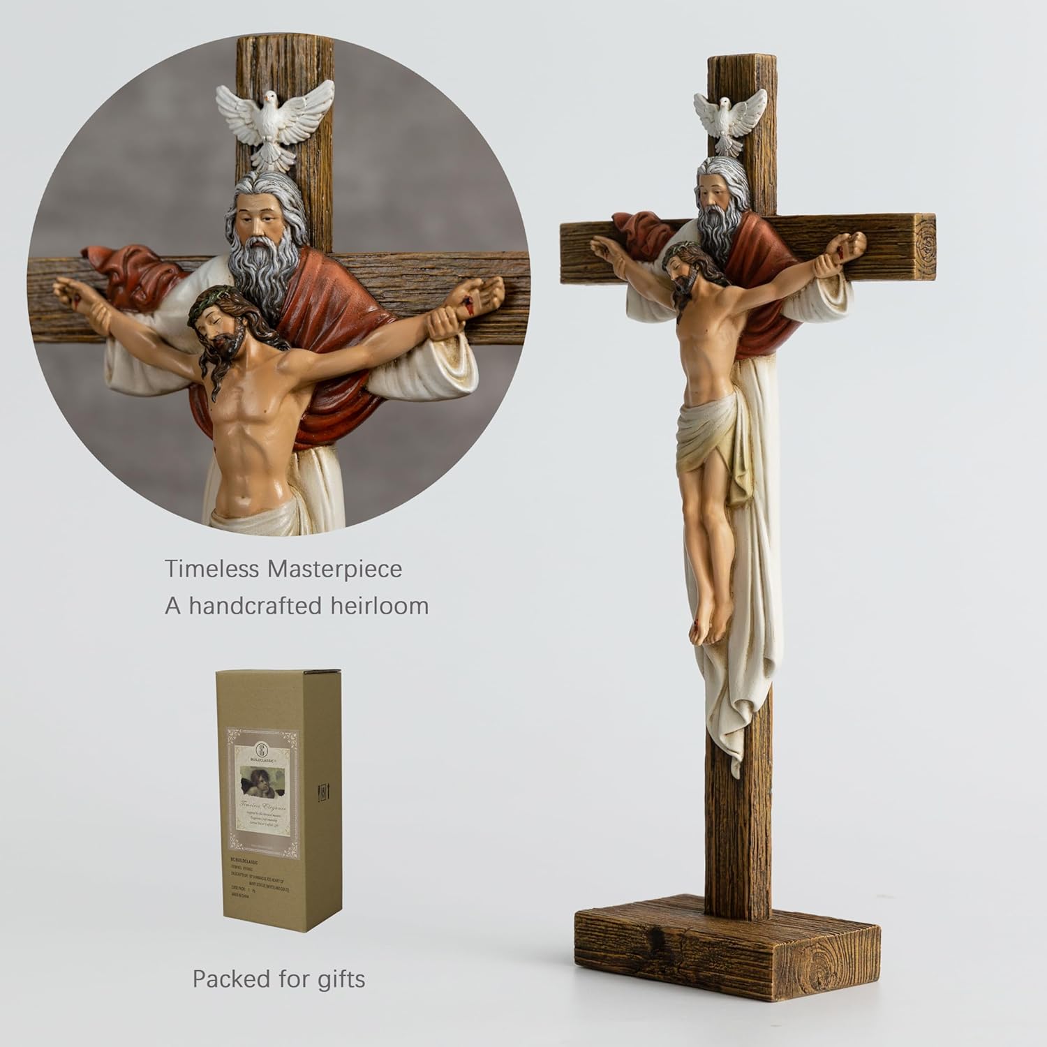 BC Catholic Holy Trinity Standing Cross, 12.5"H Crucifix table Cross, Jesus Christ Inspirtional Home Décor, Religious Gift, Christian Decoration for Home Church Office, Renaissance Sculpture Hand Painted by Buildclassic