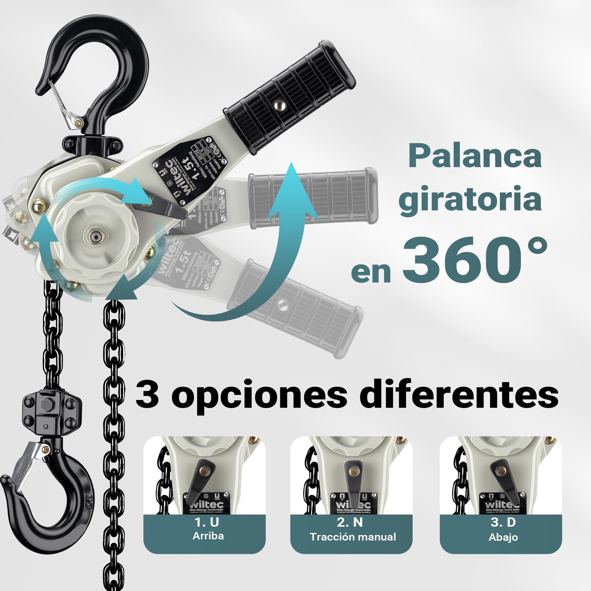 Wiltec Polipasto de palanca 3 t compacto y seguro con empuñadura giratoria 360°, freno doble, gancho de acero forjado, ideal para espacios reducidos, elevador de cadena manual resistente