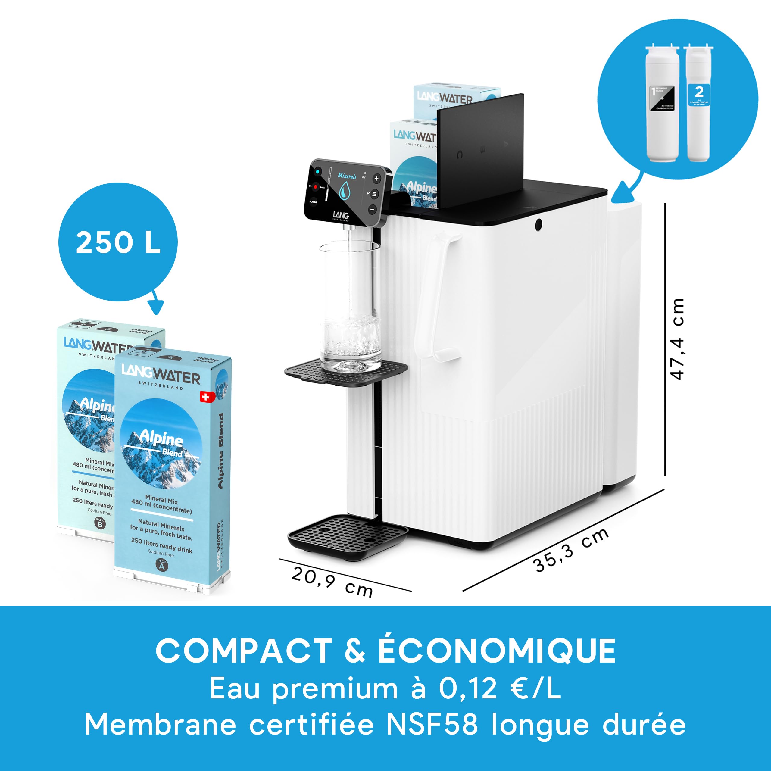 LANGWATER Purificateur d'eau & Minéralisation TheWell 2 - Filtration eau du robinet instantanée avec Osmose Inverse NSF58, UV, Distributeur eau chaude - Inclut osmoseur et 2 Packs de Minéraux Suisses