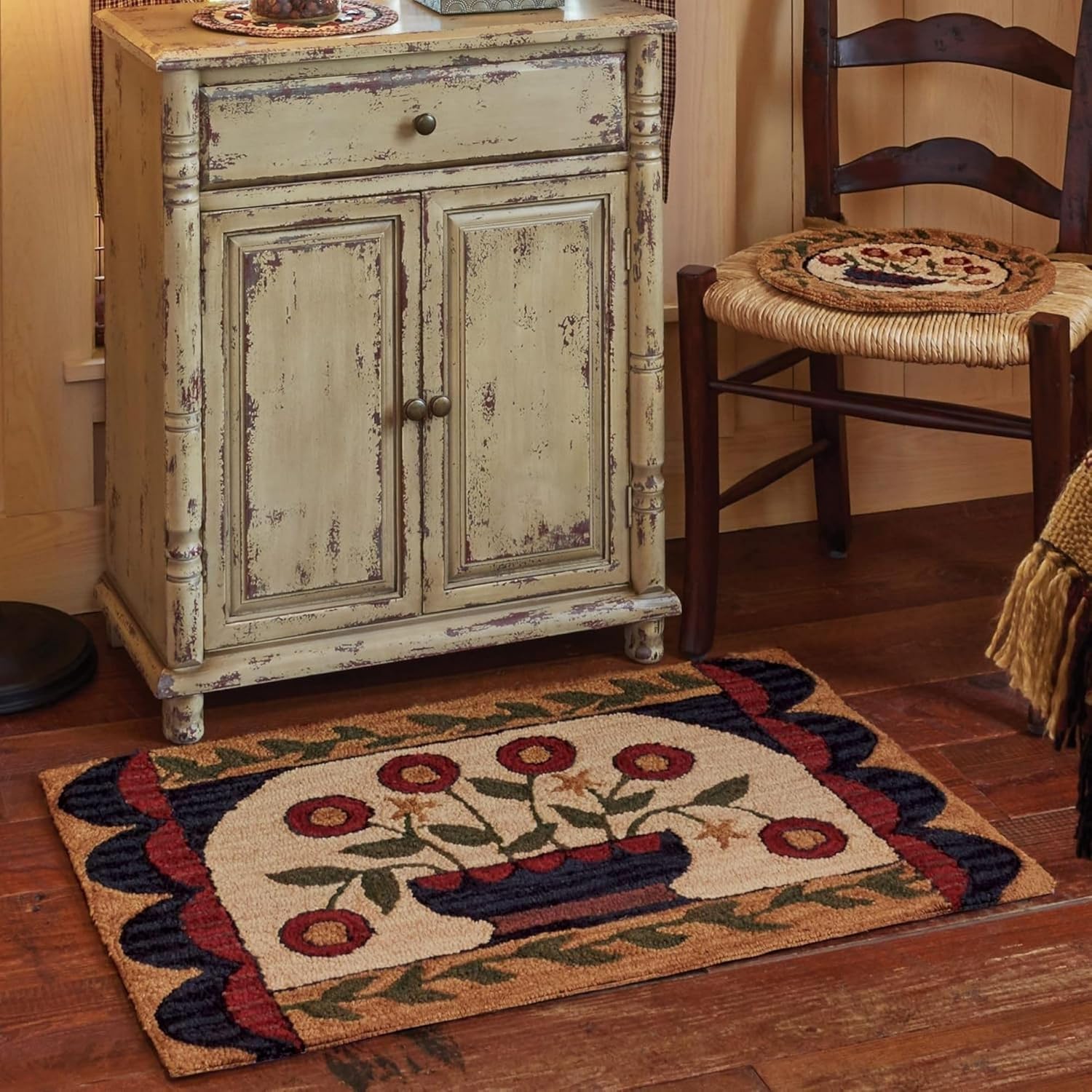 Park Designs 24" x 36" Hand-Hooked Red Flower Basket Rug | Farmhouse Style Accent | Kitchen, Bathroom, or Entryway Mat | 2x3 Rustic Country Run | Summer Decor Doormat