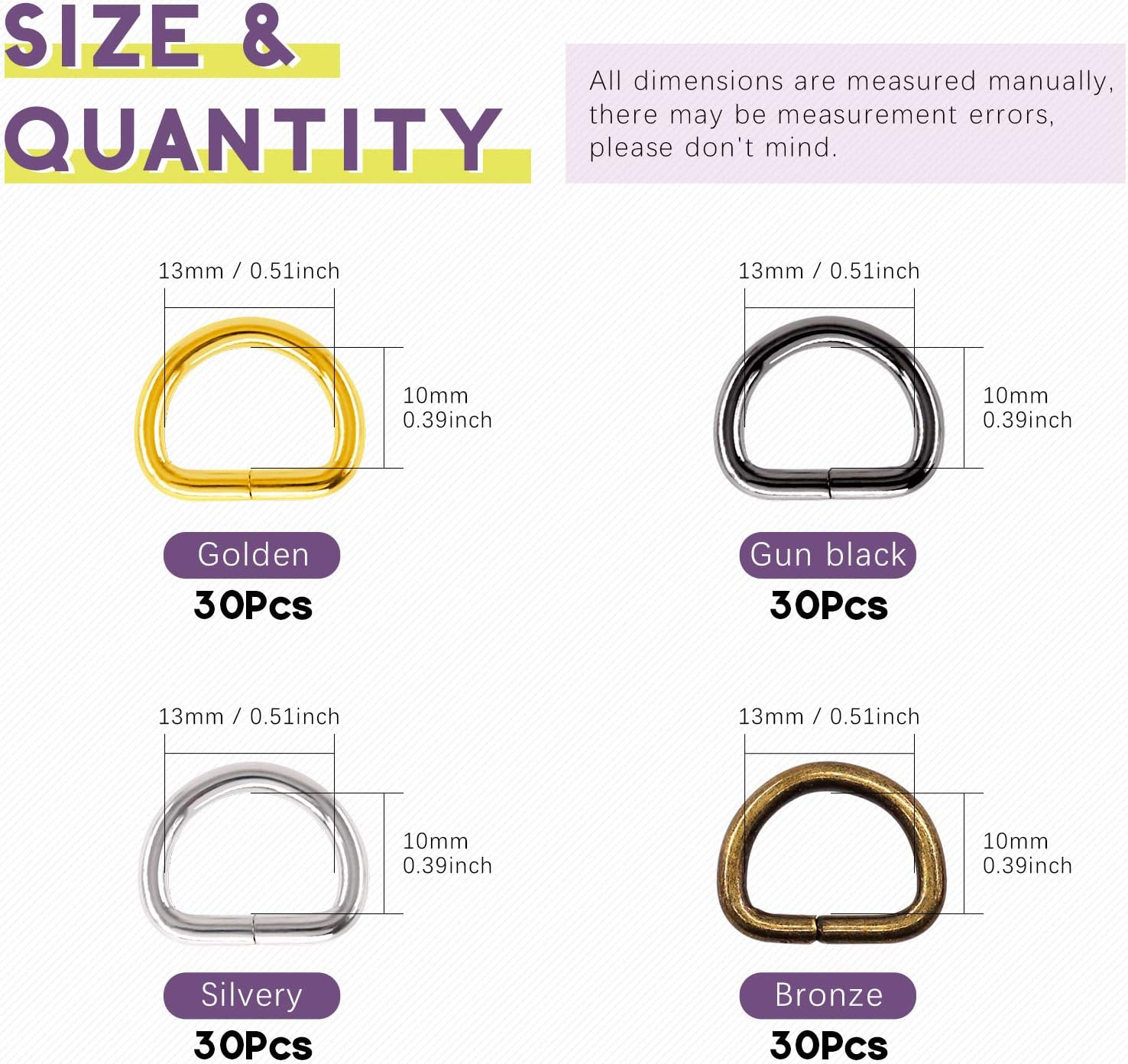 Swpeet 120Pcs 1/2 Inch - 13mm 4Colors Multi-Purpose Metal D Ring Semi-Circular D Ring for Hardware Bags Ring Hand DIY Accessories (Mixed Color, 1/2 inch) - Image 2