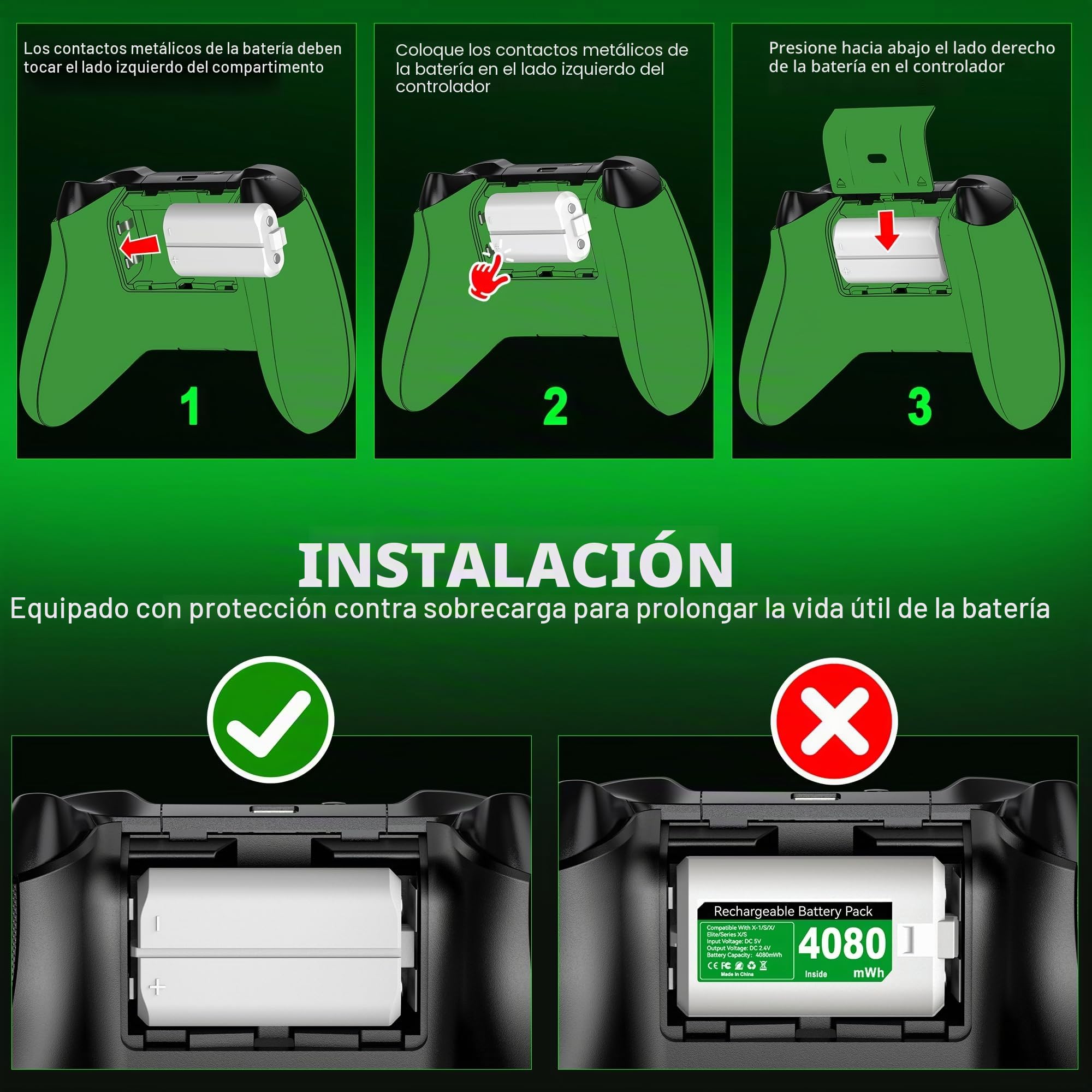 4 X 4080mWh Bateria para Mando Xbox Series X, Bateria para Mando Xbox con luz ambiental/15 Horas de Tiempo de reproducción, Batería para Mando Xbox Compatible con Xbox Series X/S, Xbox One S/X/Elite