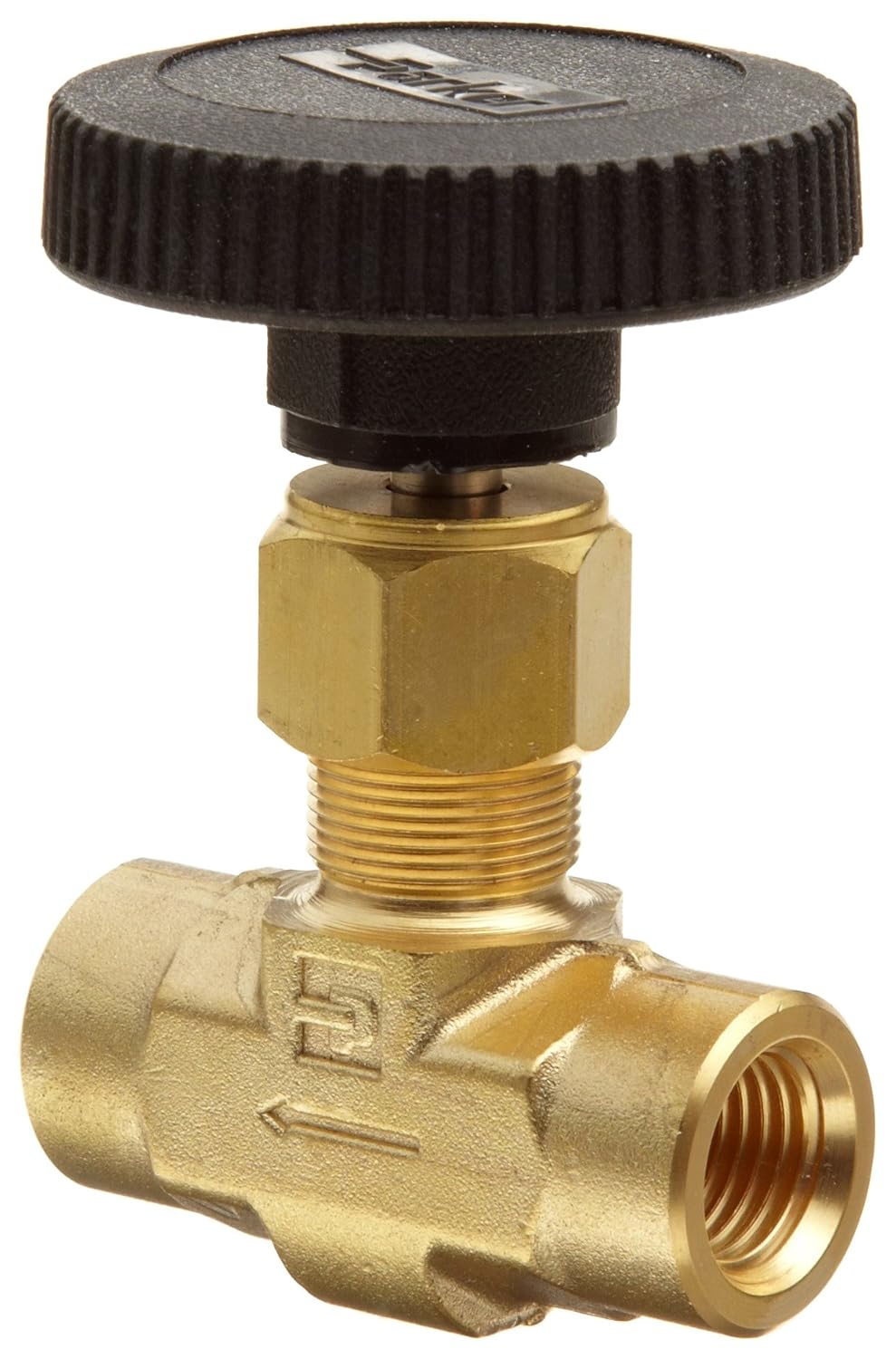 Parker Brass Inline Process Needle Valve with PTFE Stem Seal, 1/4" NPT Female Inlet/Outlet Port, 3000 psi