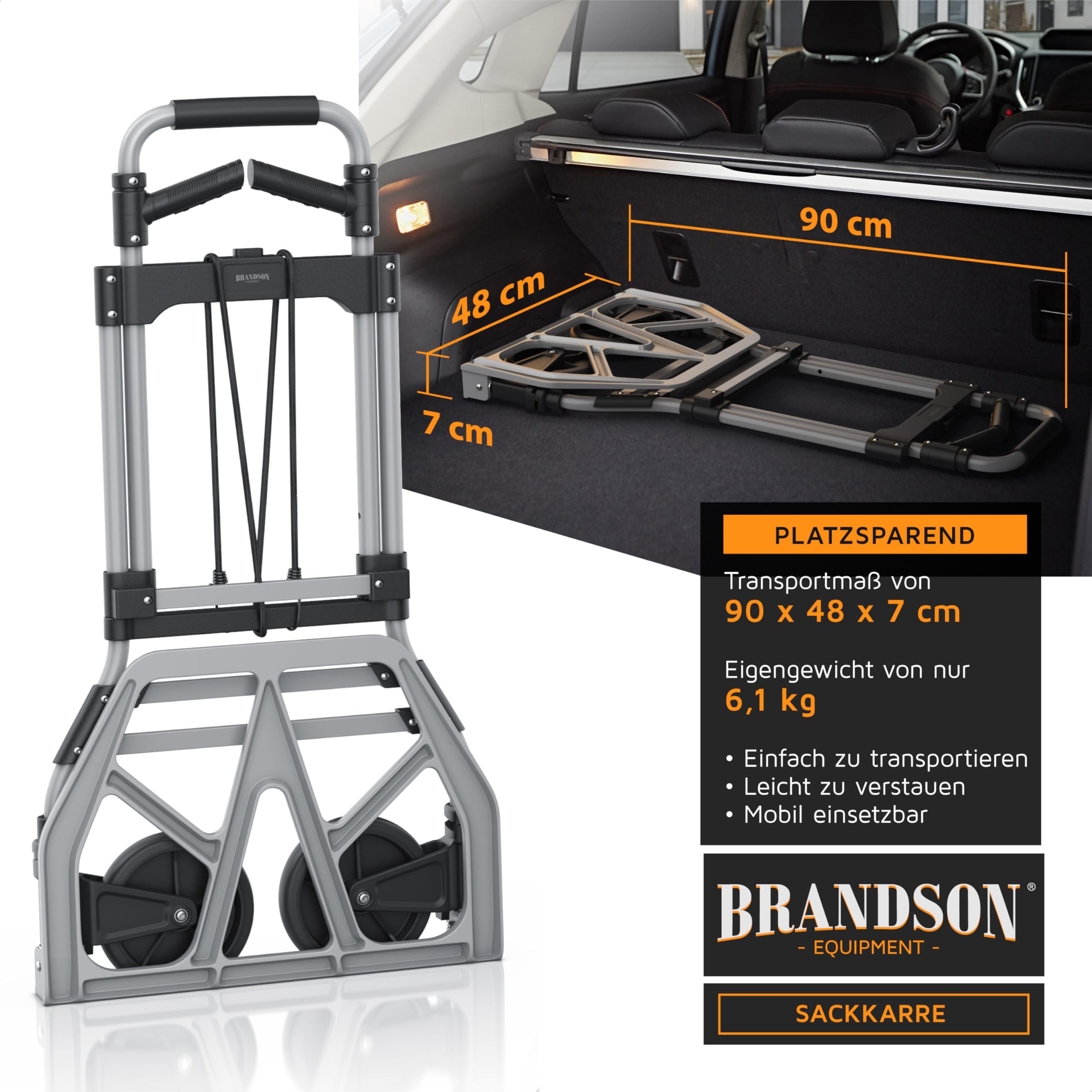 Brandson – Sackkarre klappbar – 150 kg Last – Transportkarre - Vollgummireifen –- inkl. Expanderseil – Aluminium – gummierter Griff – arretierbar auf 115 cm