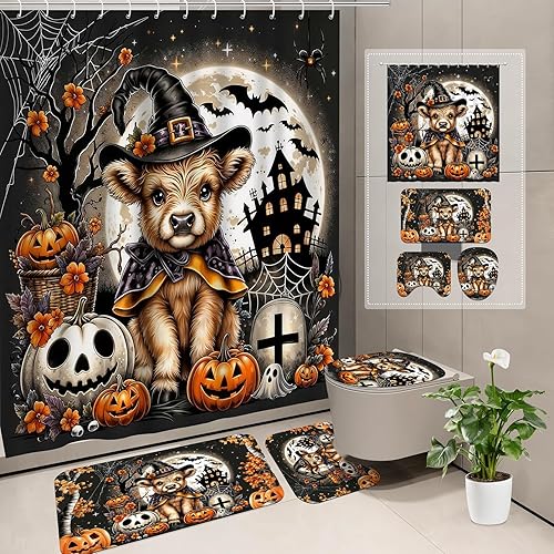 Aperturee Juego de cortina de ducha de Halloween con tapete de baño de 72 x 72 pulgadas, alfombra en forma de U, cubierta de inodoro y 12 ganchos,