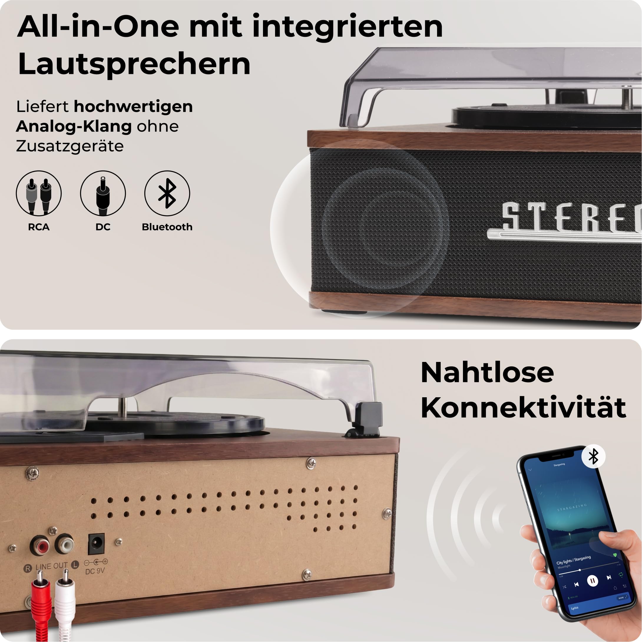 Retro Plattenspieler mit Bluetooth & eingebauten Lautsprechern – Denver VPB‑262 Multi-Speed Turntable Music System (33 ⅓ / 45 / 78 RPM) mit Line‑Out & Auto‑Stop