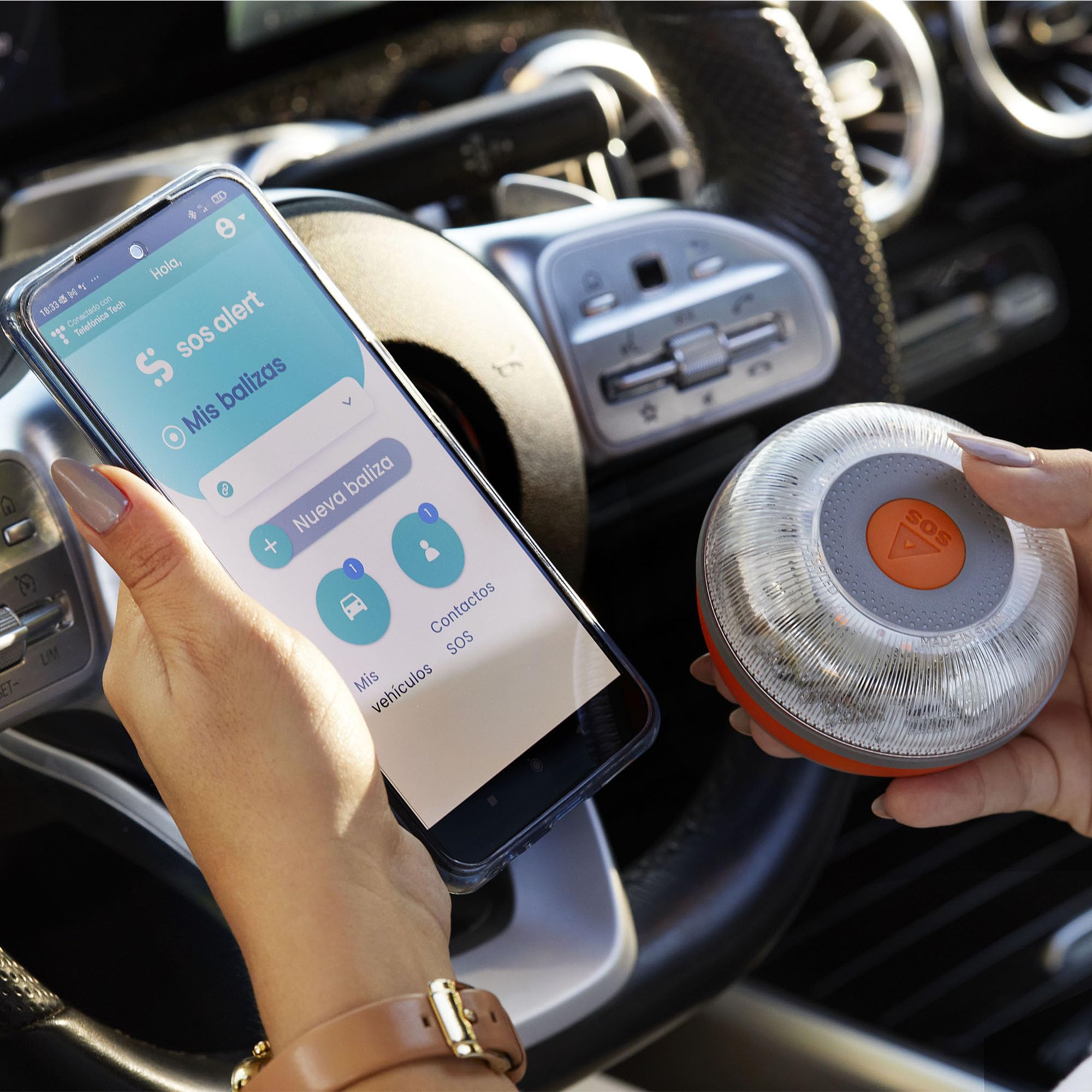 FlashLED SOS Luz de Emergencia para coche homologada, Baliza V16 Conectada Obligatoria DGT 2026, SIM y servicio hasta 2038, Cobertura profunda y Geolocalización
