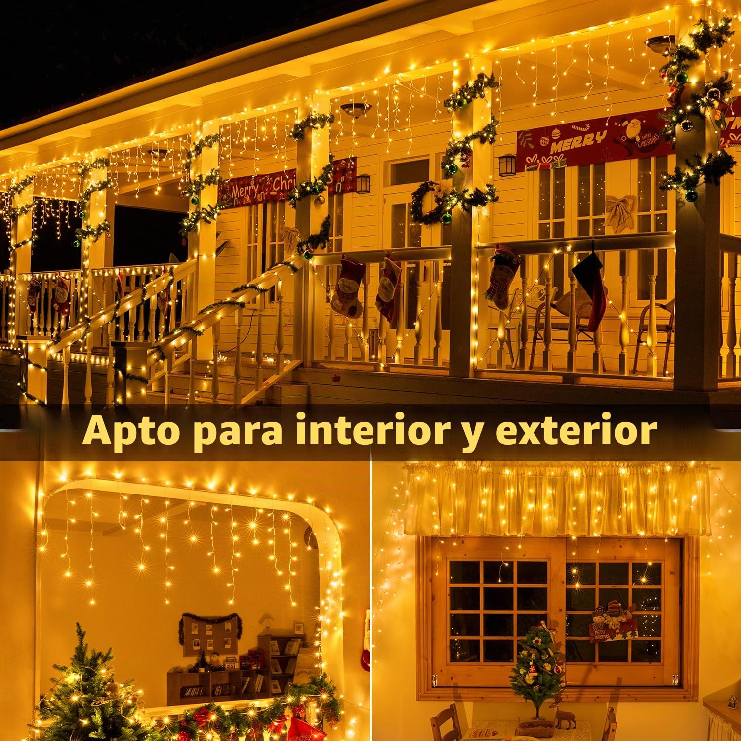 Ollny Guirnalda Luces Exterior 15M, 594 LED Cortina de Luces 8 Modos Impermeable Cascada Luces Decoración de Interiores y Exteriores para Navidad, Fiestas Jardín Balcon Ventana (Blanco Cálido)