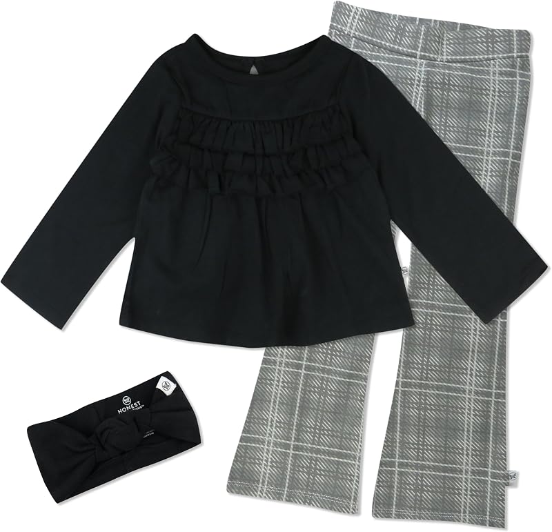 HonestBaby Conjunto de remera de manga larga, leggings y diadema para niñas 100% algodón orgánico para bebés y niñas pequeñas