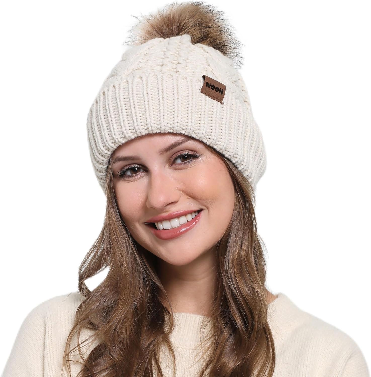 WOOH Womens Beanies for Winter,Knit Hat with Faux Fur Pom Pom Beanie for Women,Warm Fleece Lined,Less Static
