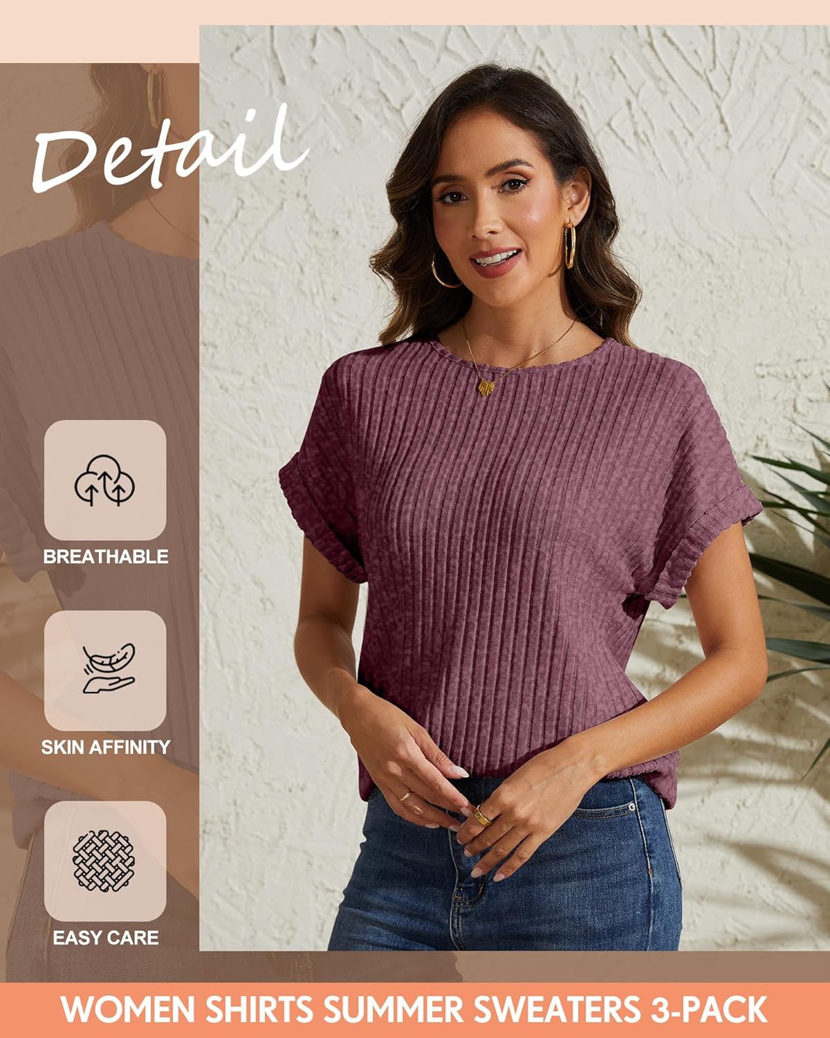 3 Pack Women Summer Sweaters Tops Crew Neck Short Sleeve Ribbed Knit T Shirts Dressy Casual Business Tunic Blouses - Image 5