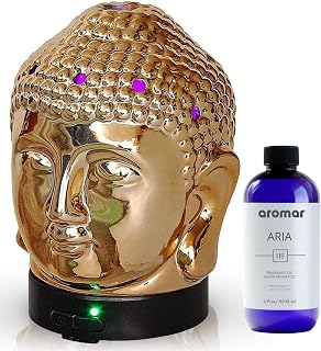 Budha Head Aromatherapy Essential Oil Diffuser with 7 Color LED Lights, Ultrasonic Humidifier, and Auto Shut-Off. for Home, Office, Yoga, Meditation Decor - Zen Statue Set, Plus 2oz Scent Oil (Gold)