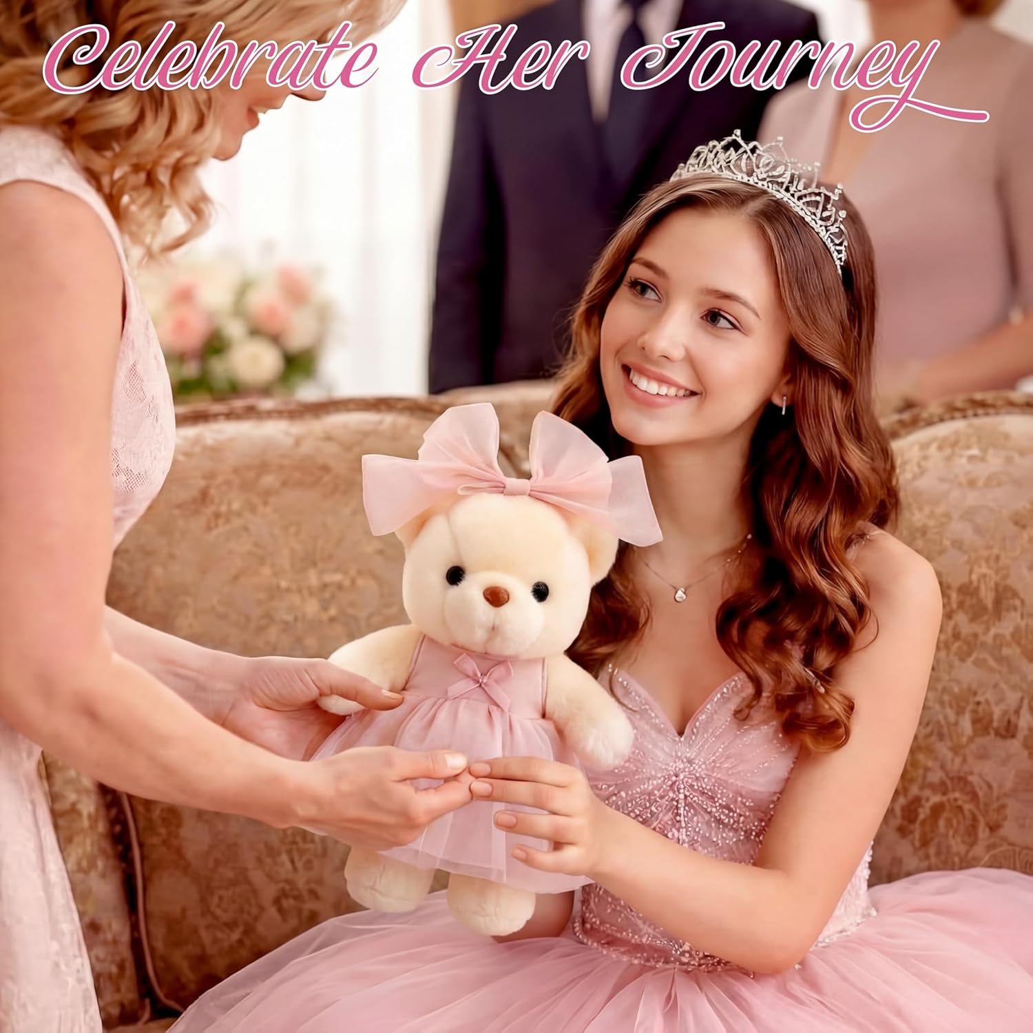 3 Set/18pcs Pink Bear Gifts for Birthday 12 Inches Bear Animal with Cute Bow Dress Pearl Necklace Tags for Girlsfriends Birthday Quinceanera My First Party Favors