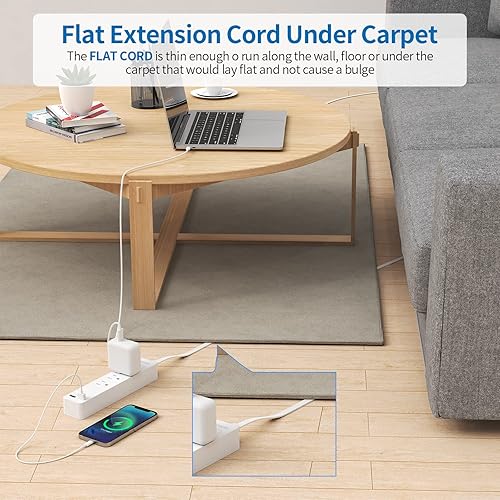 Miniatura 9 de NTONPOWER Cable de extensión plano de 10 pies, cable de extensión plano debajo de la alfombra, tira de alimentación de enchufe plano, montaje en