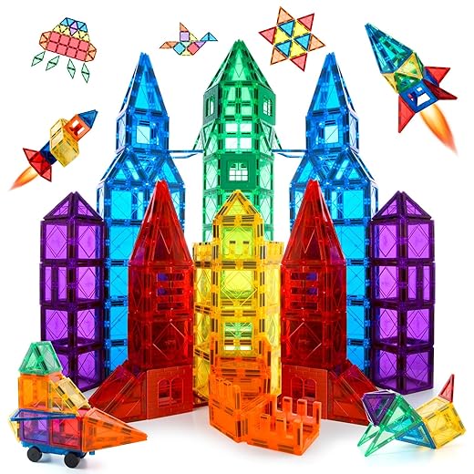 MagHub Magnetic Tiles 65 Piece Colorful Magnetic Blocks Set with car, Unique Clear 3D Magnetic Building Blocks for 3+ Years Old Boys and Girls, STEM Construction Preschool Magnets for Kids Toddlers