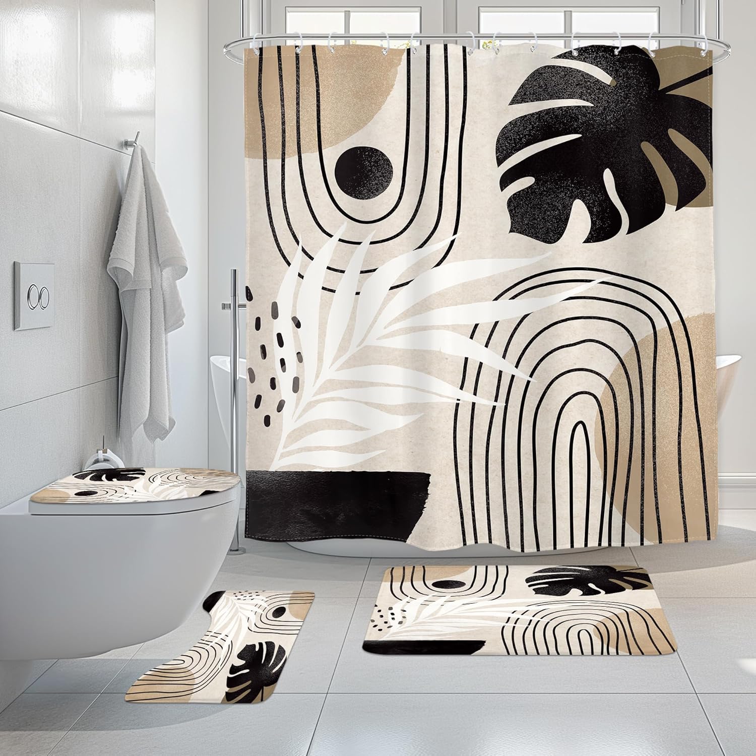 Glawry 4Pcs Boho Beige Shower Curtain Sets 72Wx72L, Non-Slip Rugs, Toilet Lid Cover and U-Shaped Mat, Abstract Black Brown Bathroom Sets with Rugs Shower Accessories with 12 Hooks for Bathroom Decor