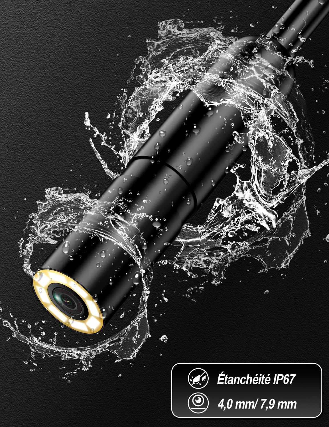 Camera Endoscopique 1920P HD 5M Borescope IP67 | Câble Semi-Rigide IP67 Étanche Compatible Pour Inspection de Canalisation Tuyaux de Vidange et Mécanique