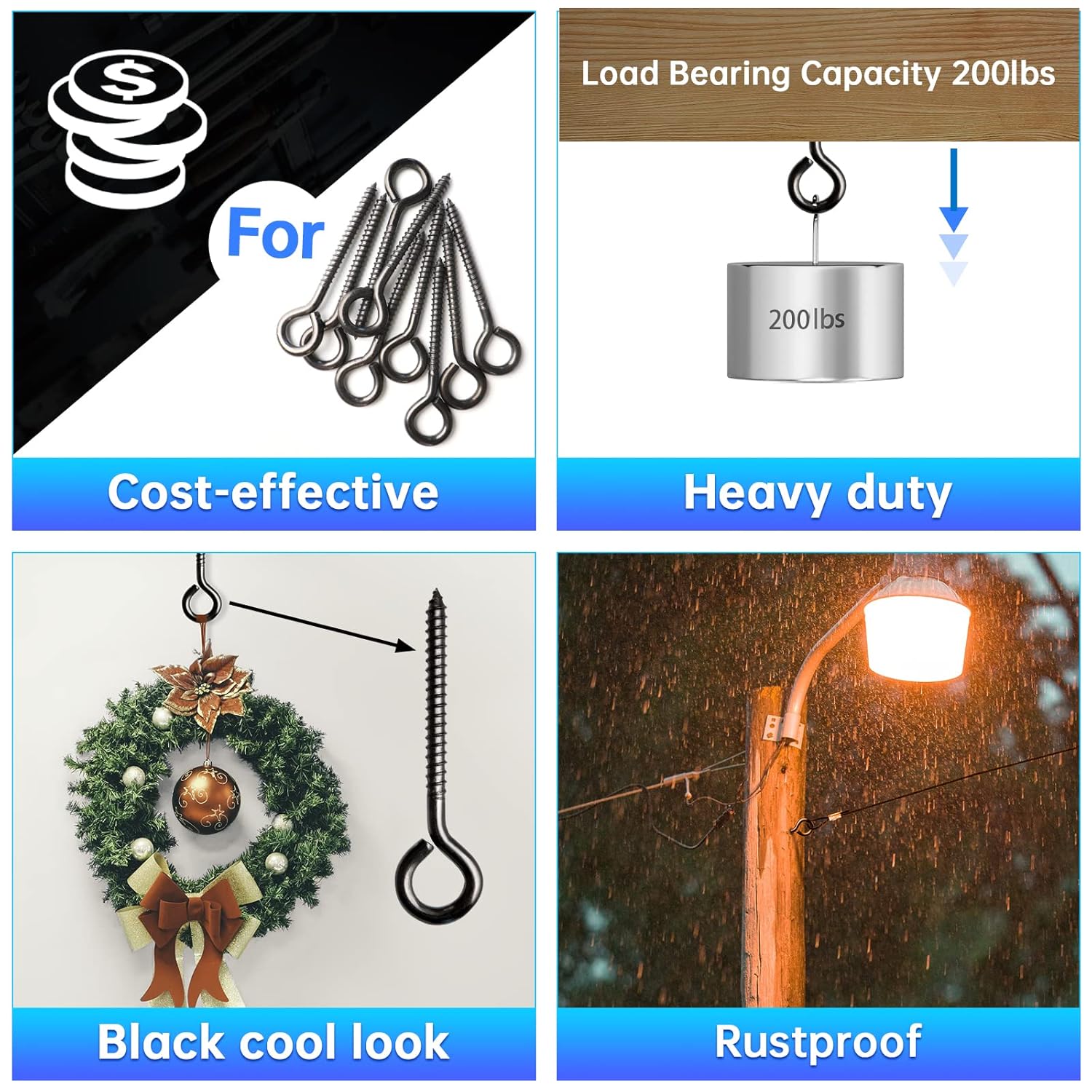 Muzata 20個パック 3.3インチ M6 ブラック ネジ式アイフック T316 ステンレススチール 高耐久ネジ 木製固定ケーブ