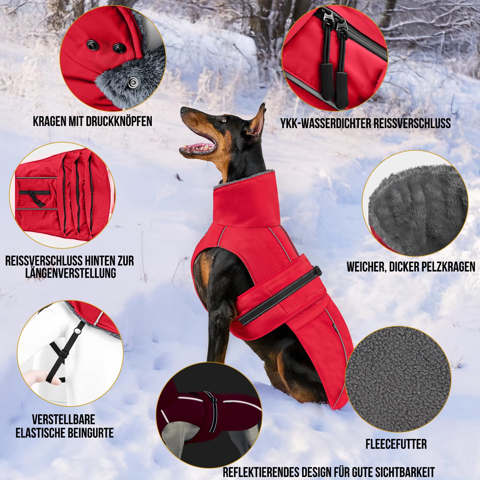 OneTigris Hundemantel, STORMWALL Wasserdicht Hundejacke mit Verstellbarer Rückenlänge Fleecefutter Reflektierend und Fellkragen für Wanderungen Outdoor für Mittelere & Große Hunde Rot XL