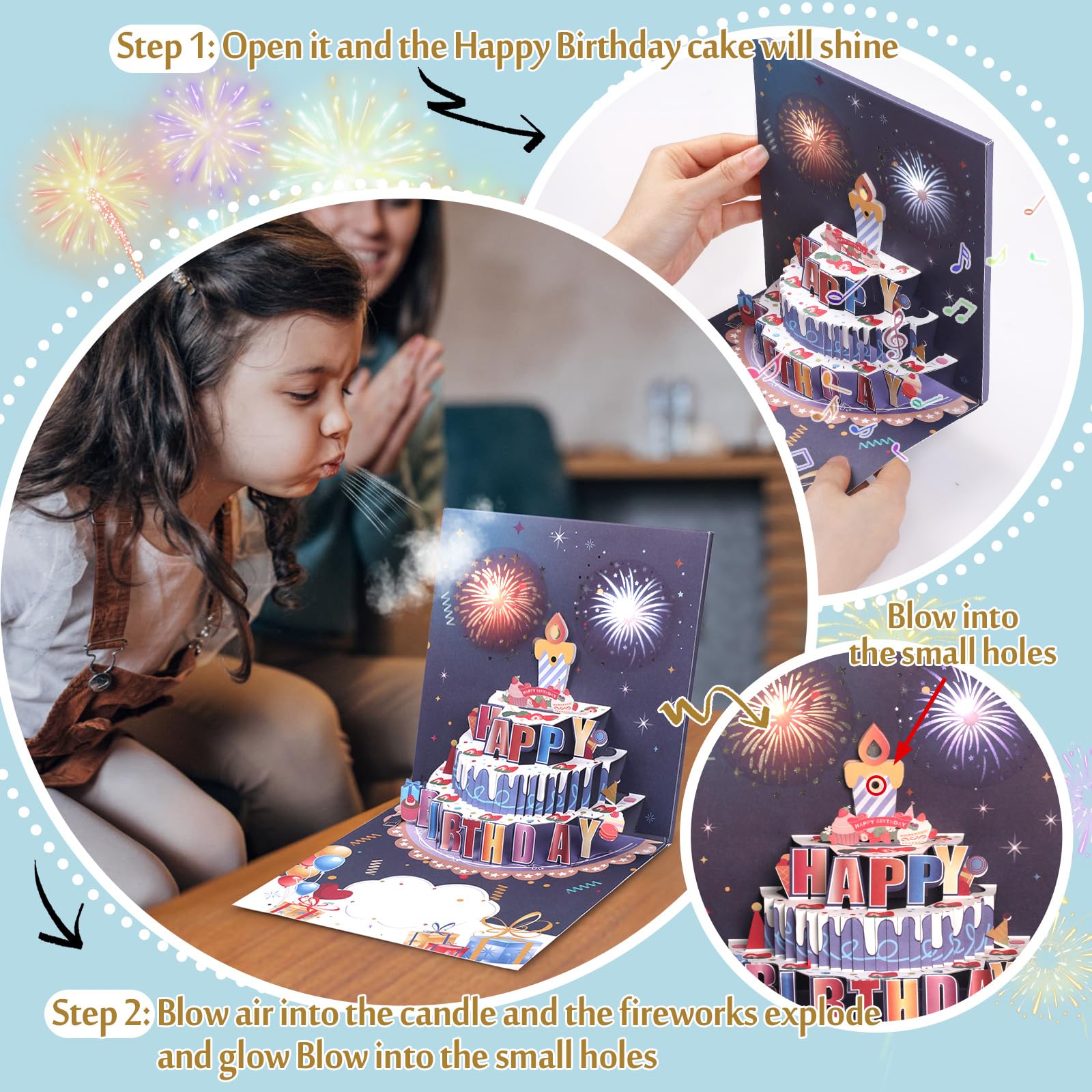 Biglietto D'Auguri Pop-Up 3D A Forma Di Torta - Fatto A Mano Con Tecnica Di Intaglio Carta Cinese (Blu) - 2