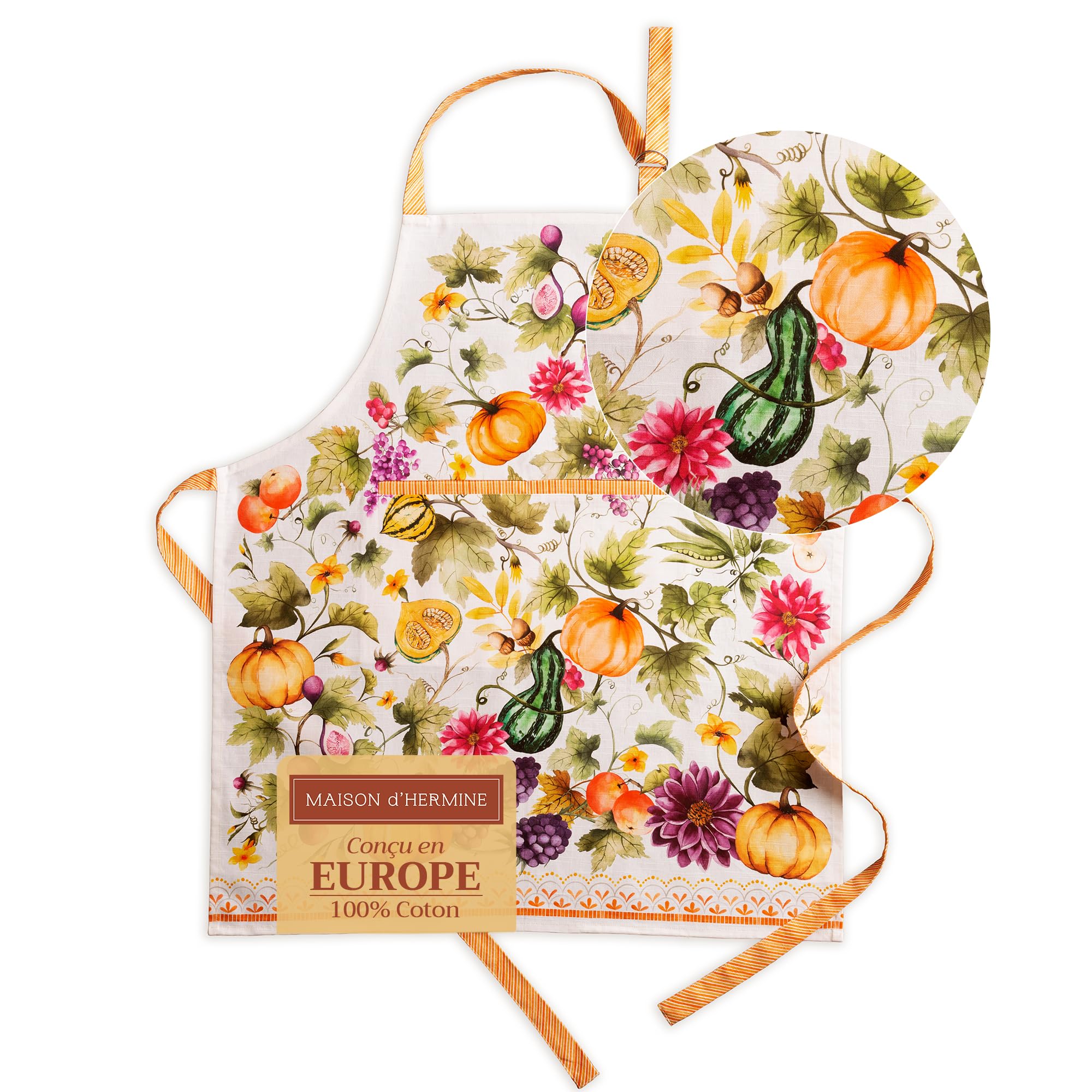 Maison d' Hermine 100% Cotton Apron for women with Pocket Kitchen Chef Autumn Apron for Men Cooking Gardening Server Waitress Maid - (Pumpkin Garden - Cloudy Cream, 85 cm x 70 cm)