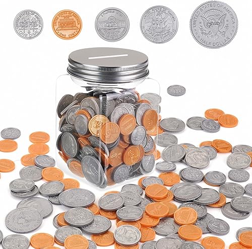 Juego de monedas de dinero para niños, 250 monedas de dinero falsas detalladas con frasco, juego de monedas de dinero falsas de enseñanza realista,