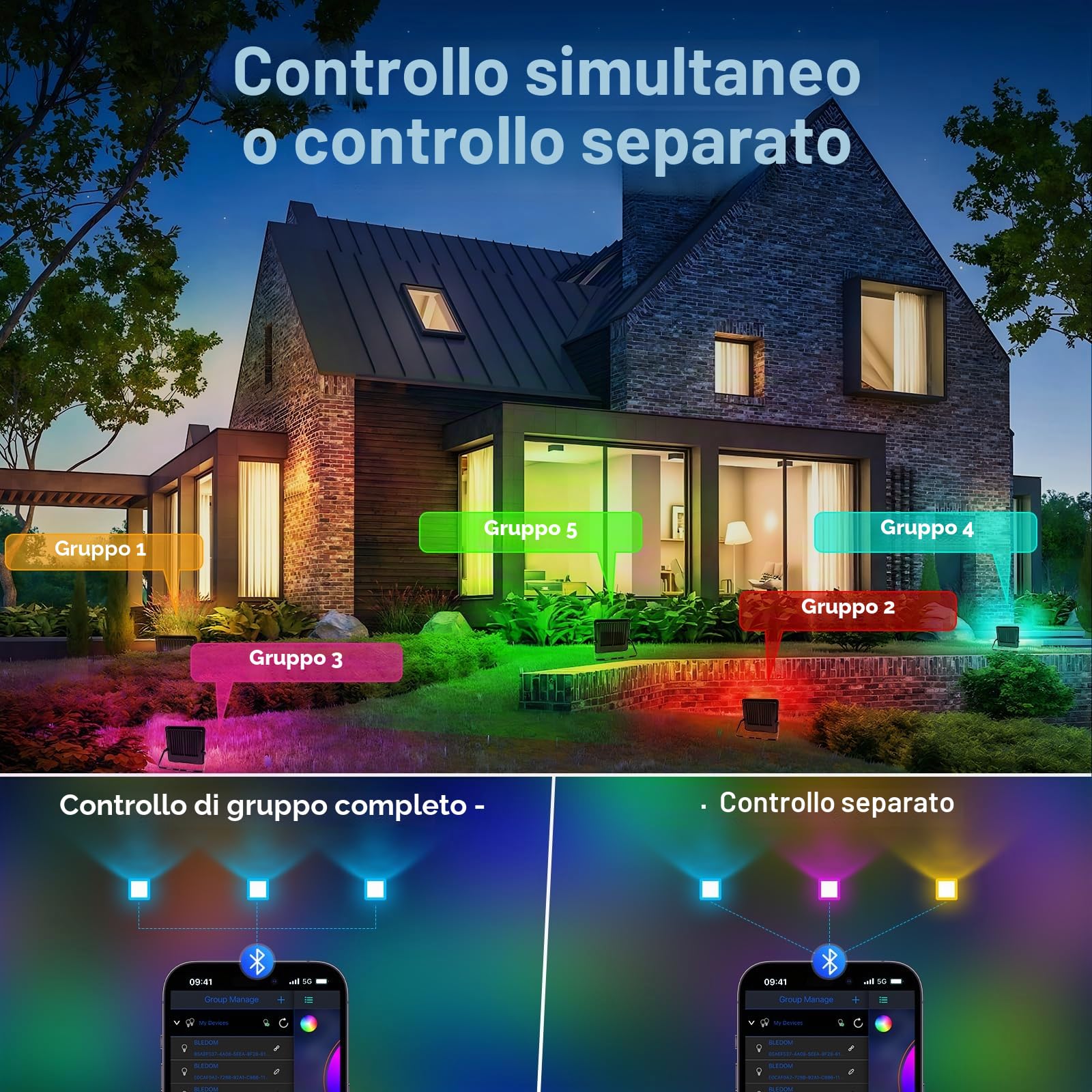 Outdoor RGB LED Spotlight 50 W, Faretto Led Rgb, IP66 Waterproof Dimmable Projector with Bluetooth App and 2.4 G Remote Control for Garden, Party, Halloween